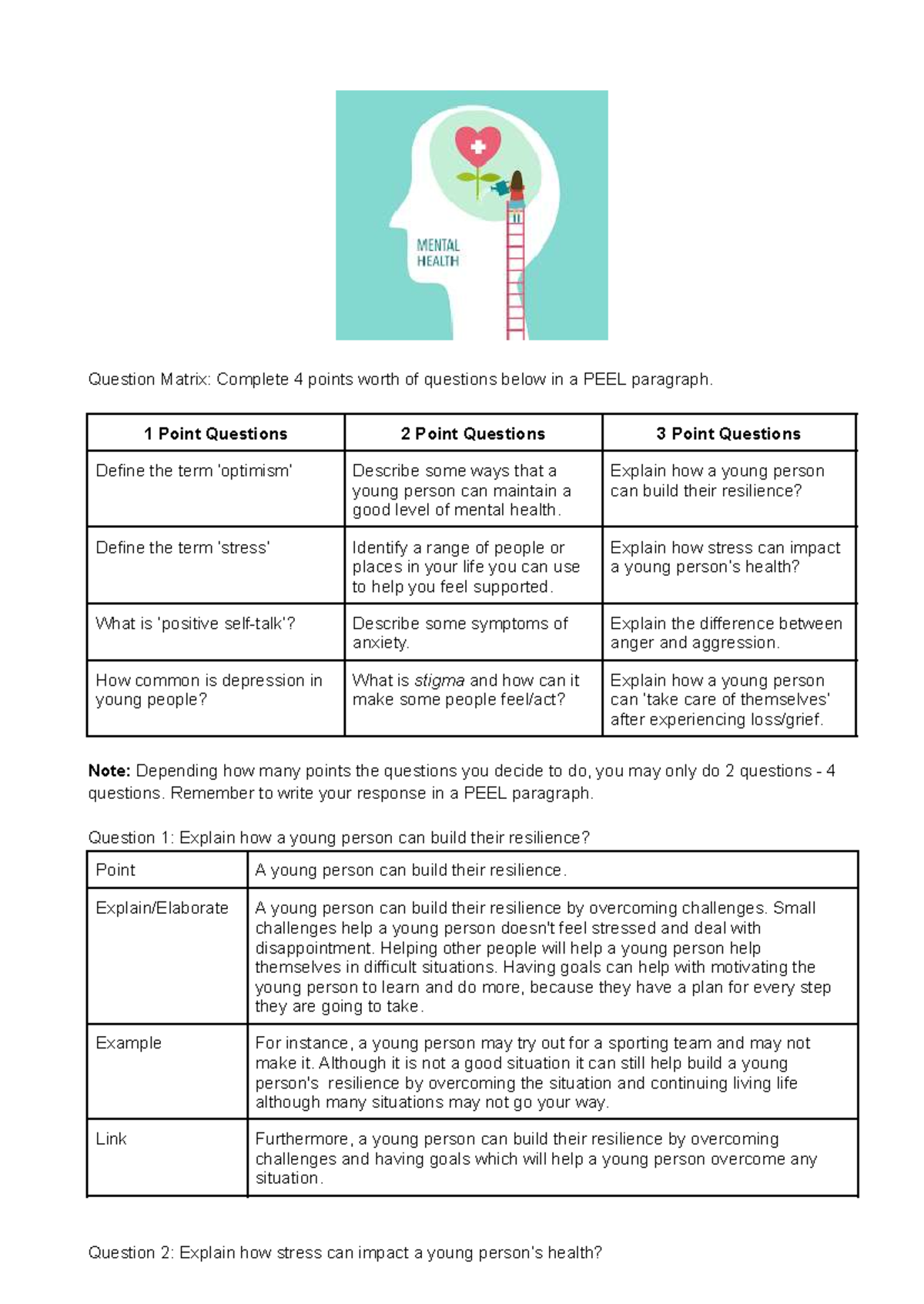 Mental Health Revision Points: PEEL Paragraph Guide for Questions - Studocu