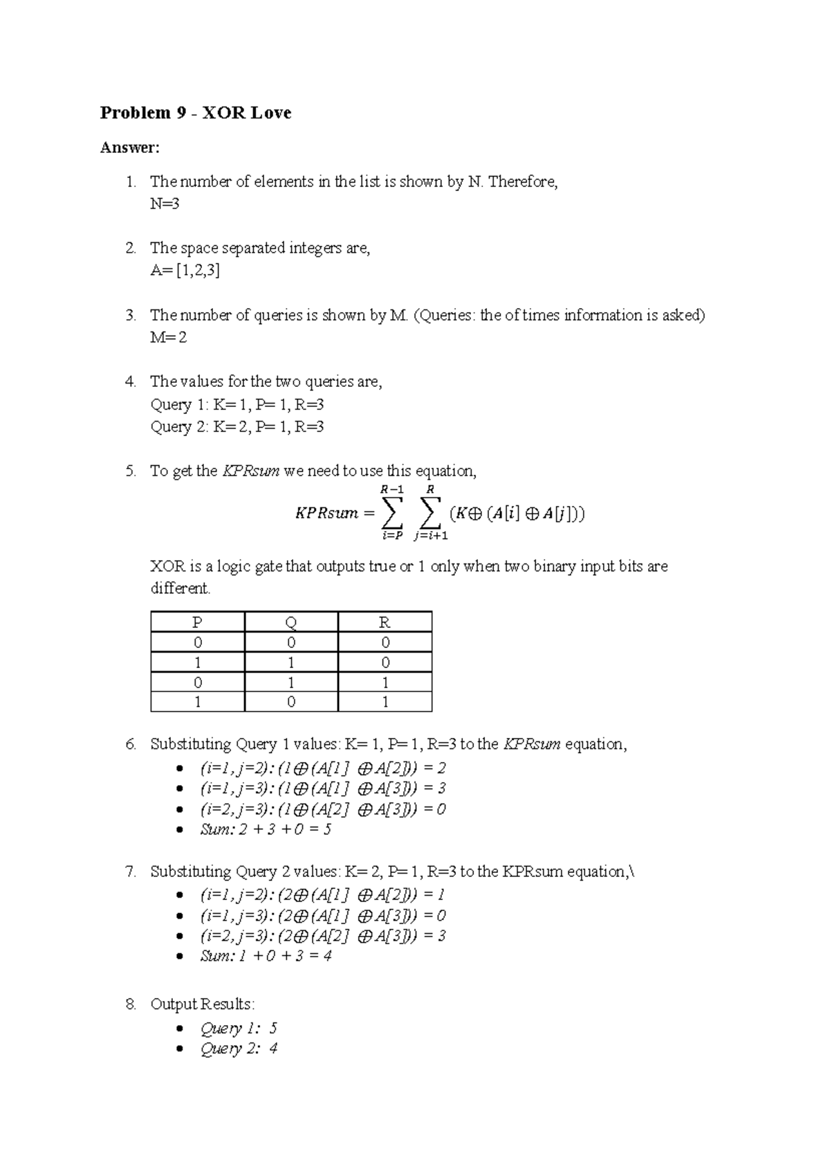 Algebra Assignment: Problem 9 XOR Love Solution and Queries - Studocu