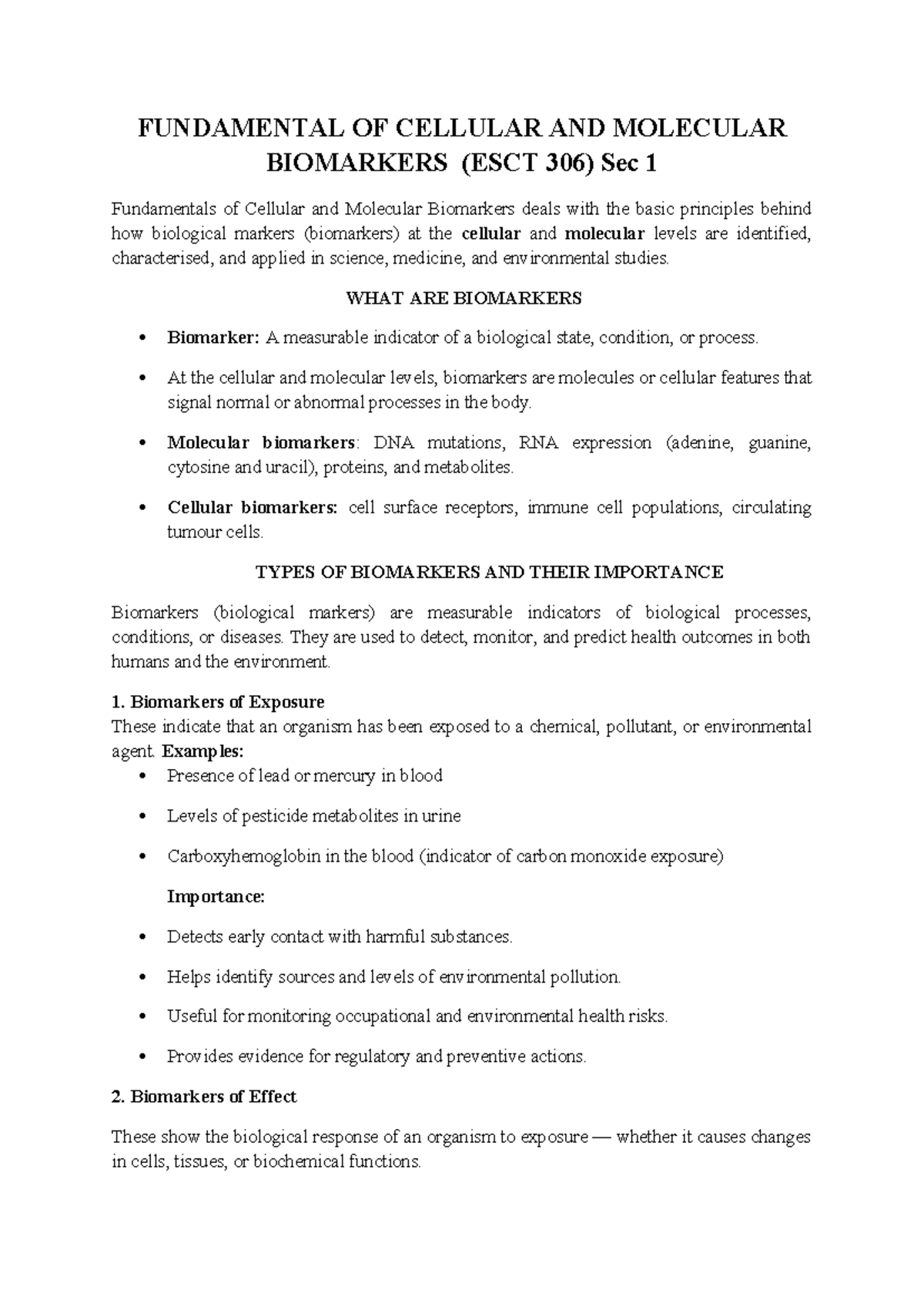 Fundamentals of Cellular and Molecular Biomarkers (ESCT 306) - Studocu