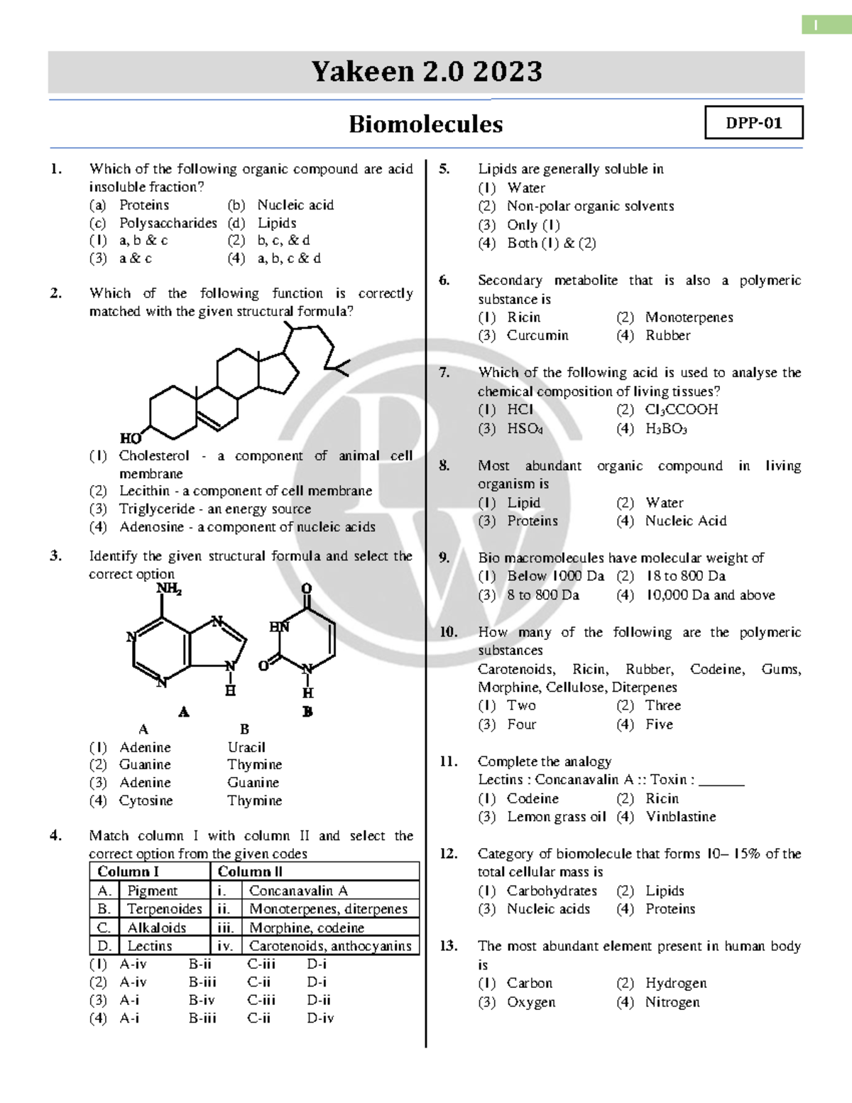 Biomolecules DPP 01 (Lec 03) - Yakeen 2.0 2023 Study Guide - Studocu