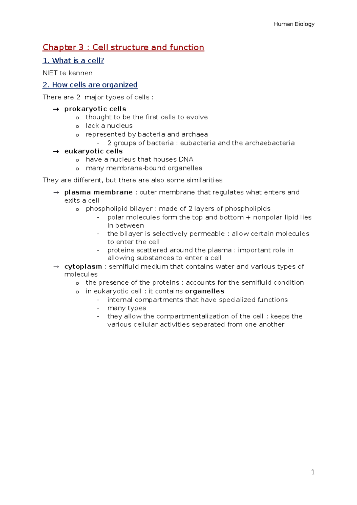 Chapter 3 - Samenvatting Human Biology - Chapter 3 : Cell structure and ...