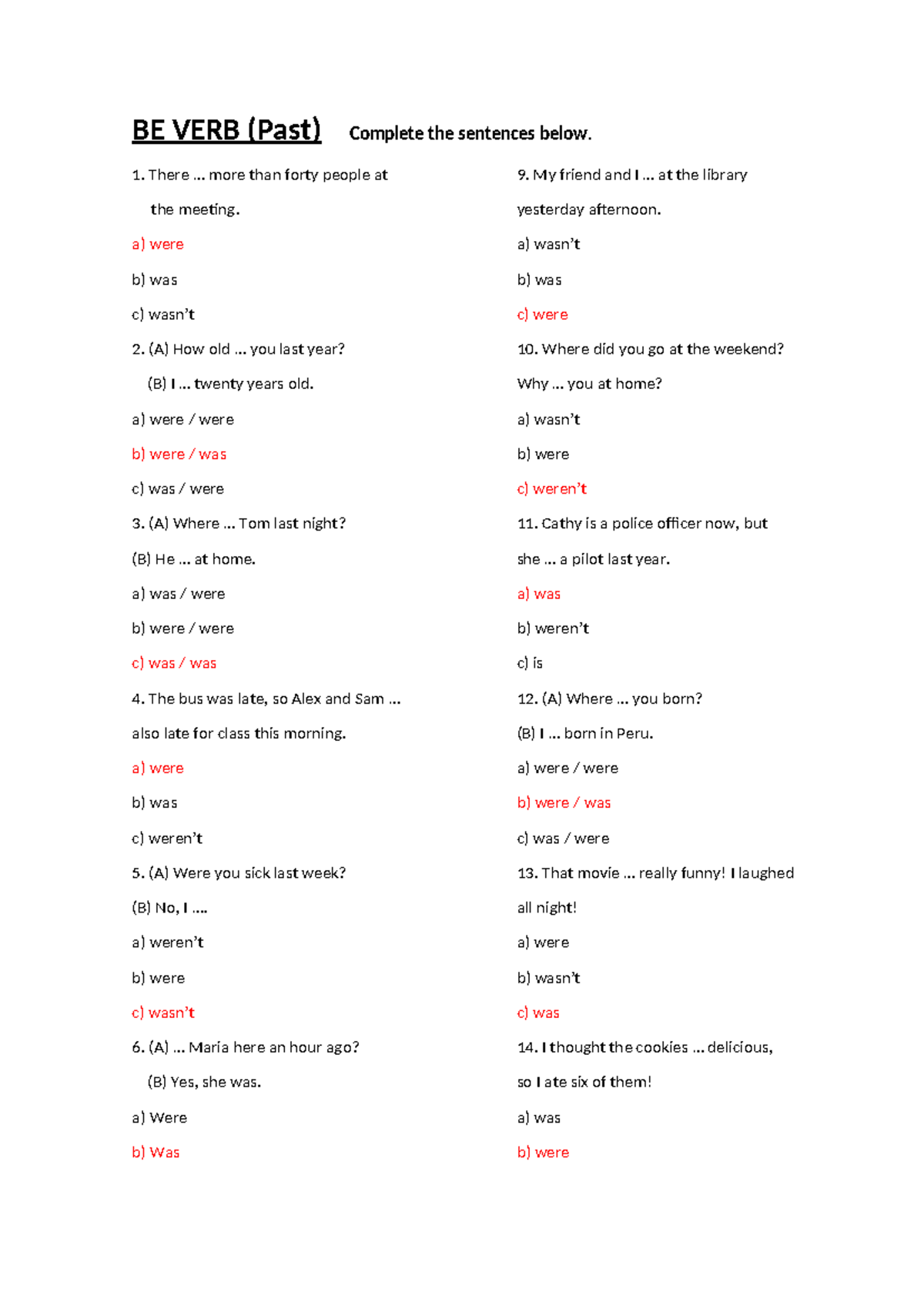 Exercises on Past Tense BE Verb - English Grammar Practice - Studocu
