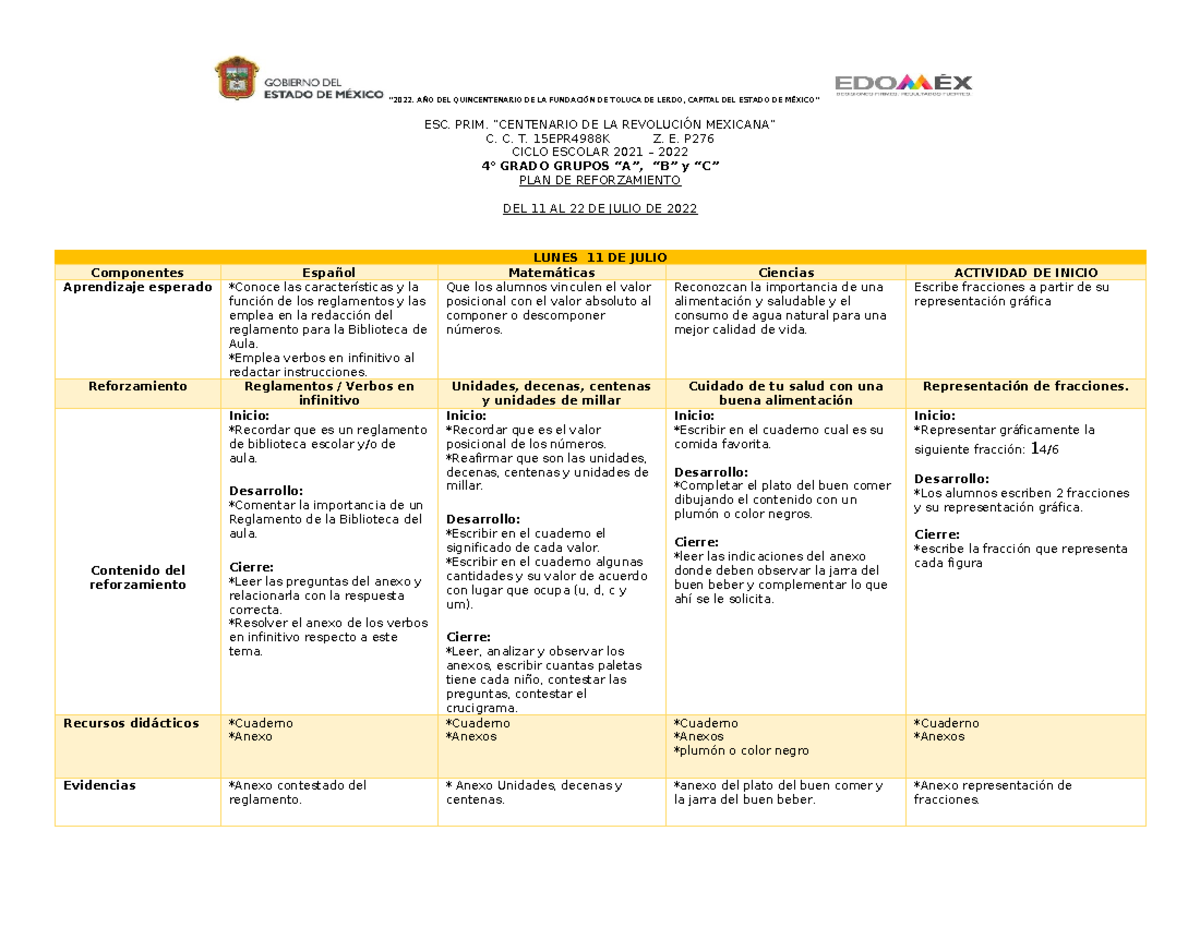 Reforzamiento de Español y Matemáticas para 4to Grado - Ciclo 2021-2022 ...
