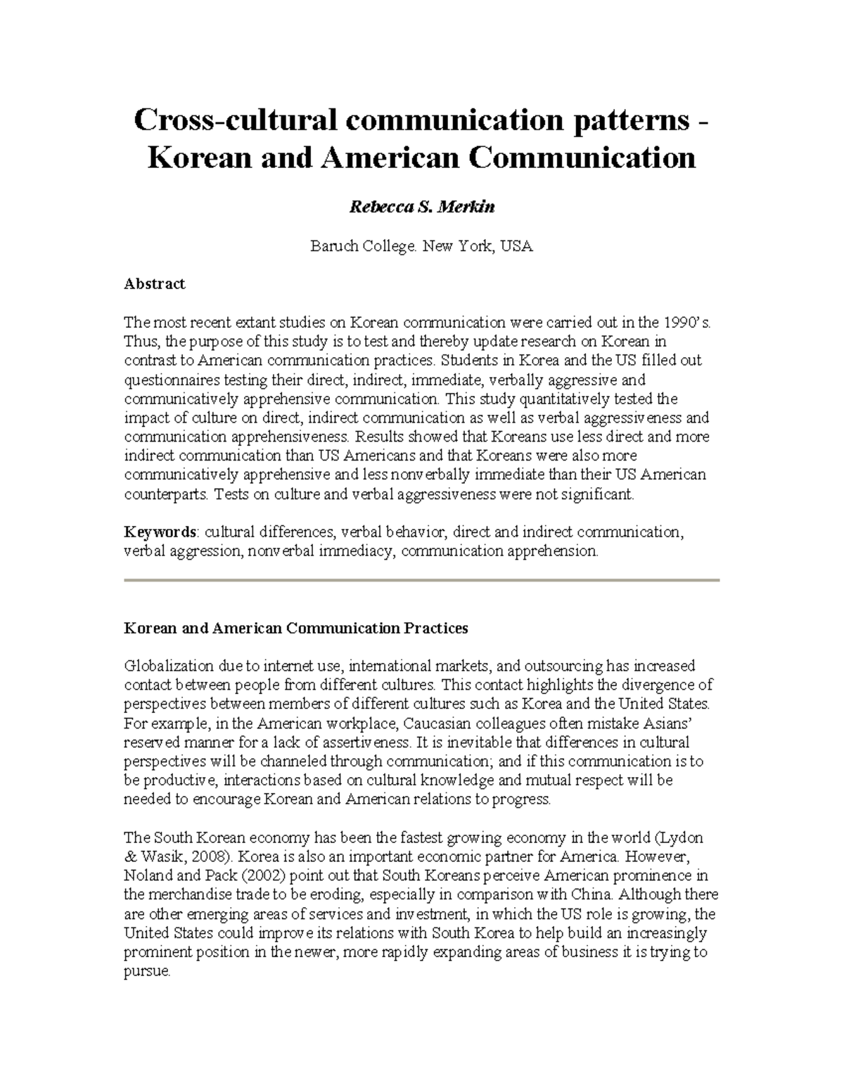 Cross-Cultural Communication Patterns: A Study of Korean and American ...