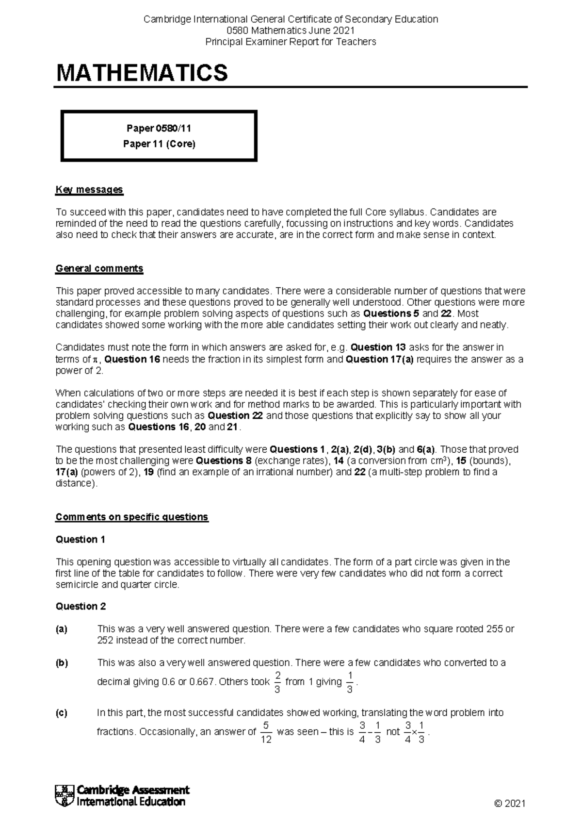 Mathematics Paper 0580/11 June 2021 Principal Examiner Report - Studocu