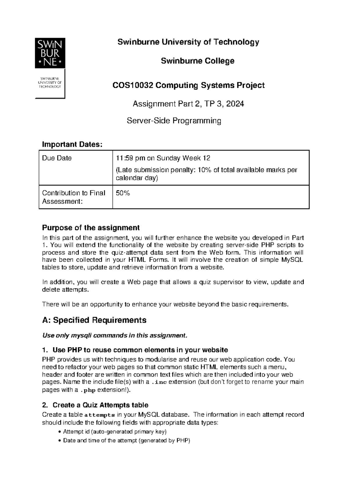 COS10032 Computing Systems Project Assignment Part 2 Overview - Studocu