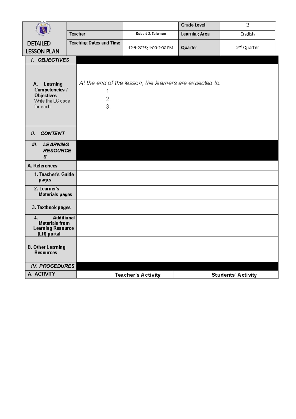 4As DLP: Detailed Lesson Plan for Grade 2 English (2nd Quarter) - Studocu