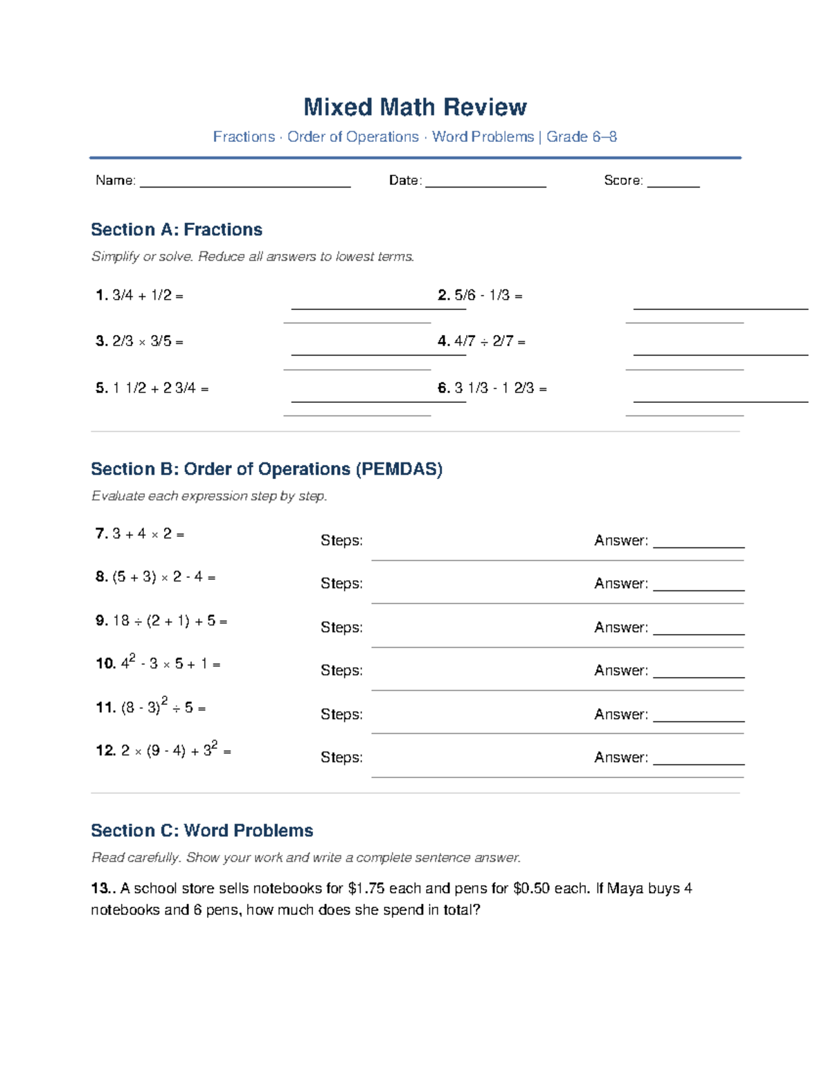 Mixed Math Review: Fractions & Order of Operations Worksheet 3 - Studocu