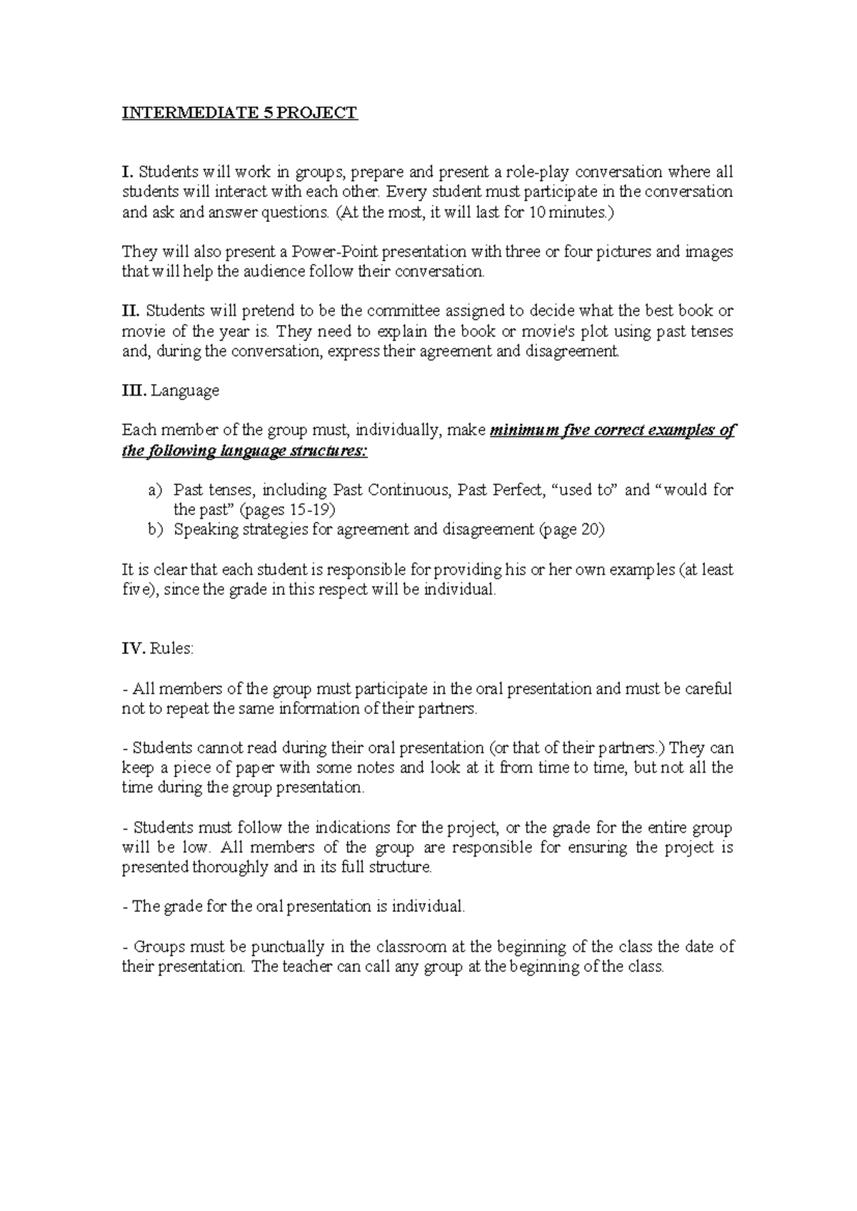 ALP Intermediate 5 Role-Play Project Instructions and Guidelines - Studocu