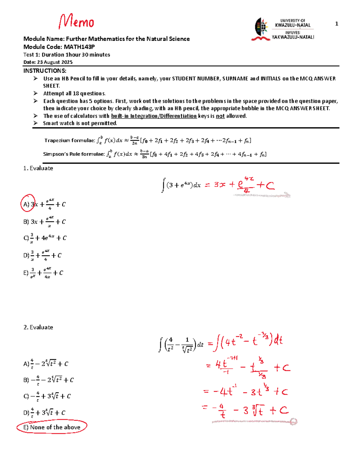 Test 1 Memo for MATH143: Further Mathematics for Natural Science - Studocu