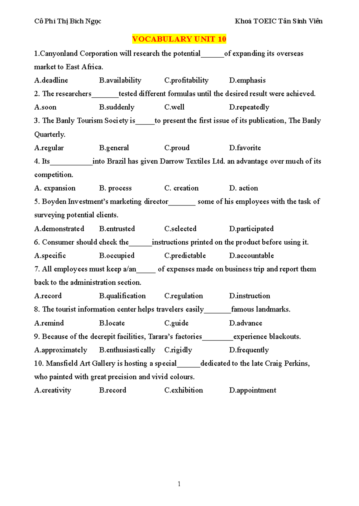 Vocabulary Unit 10: Key Terms and Answers for Study - Studocu