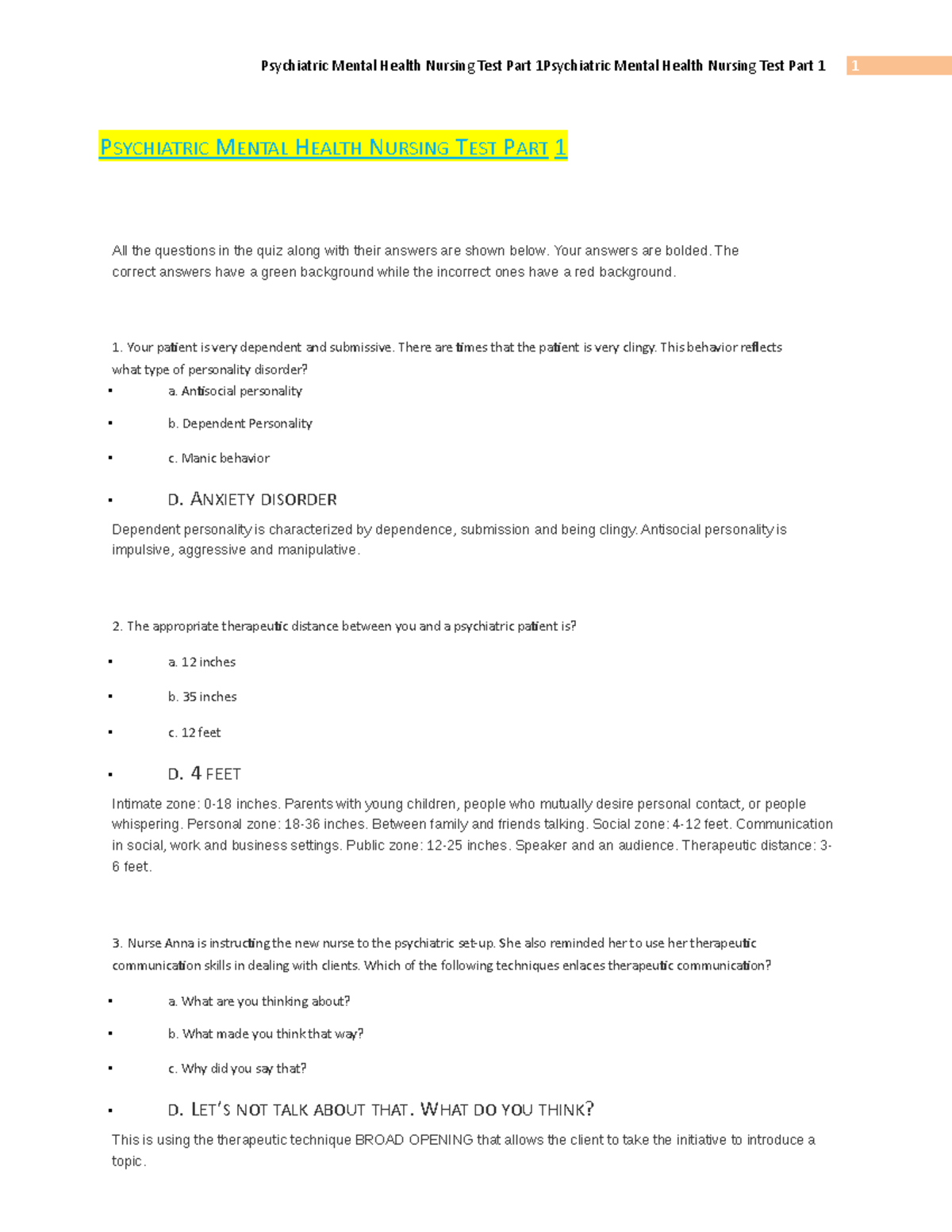 54750264 Psychiatric Nursing Review Quiz Part 1 with Answers - Studocu