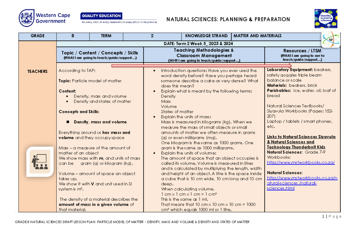 GRADE 8 NATURAL SCIENCES: LESSON PLAN ON MATTER, DENSITY & VOLUME T2 W5 ...