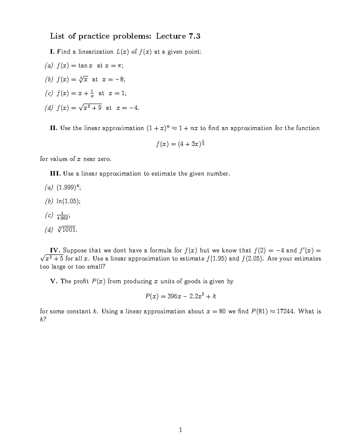 Practice Problems: Linearization & Approximations (Lecture 7) - Studocu