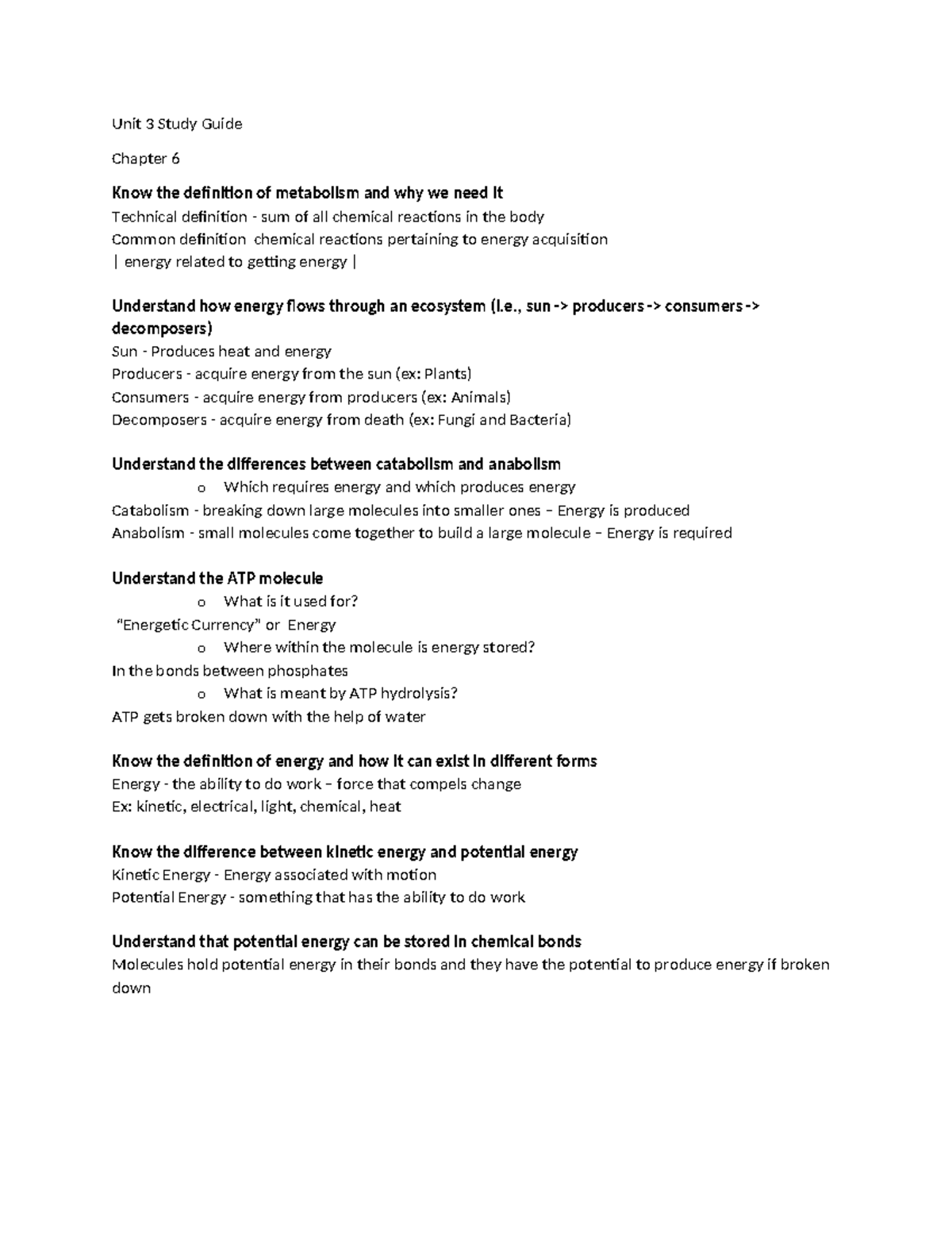 Unit 3 Study Guide: Metabolism, Energy Flow, and Reactions - Studocu