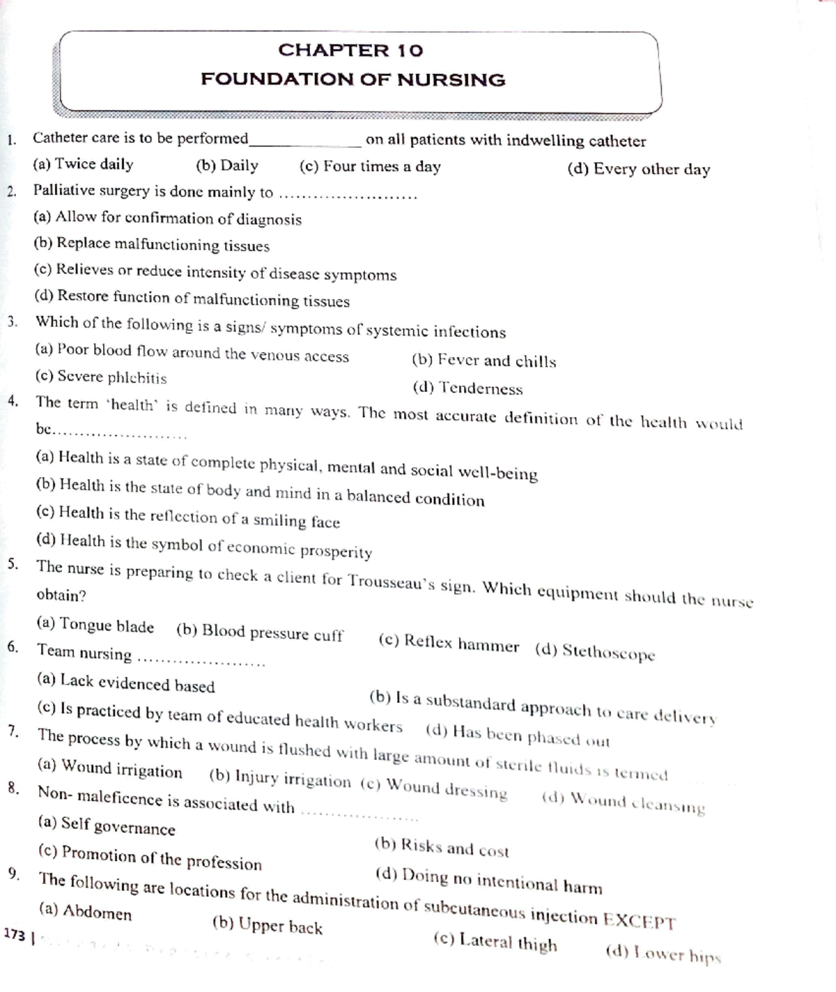 Foundation of Nursing MCQs: Chapter 10 Study Guide - Studocu