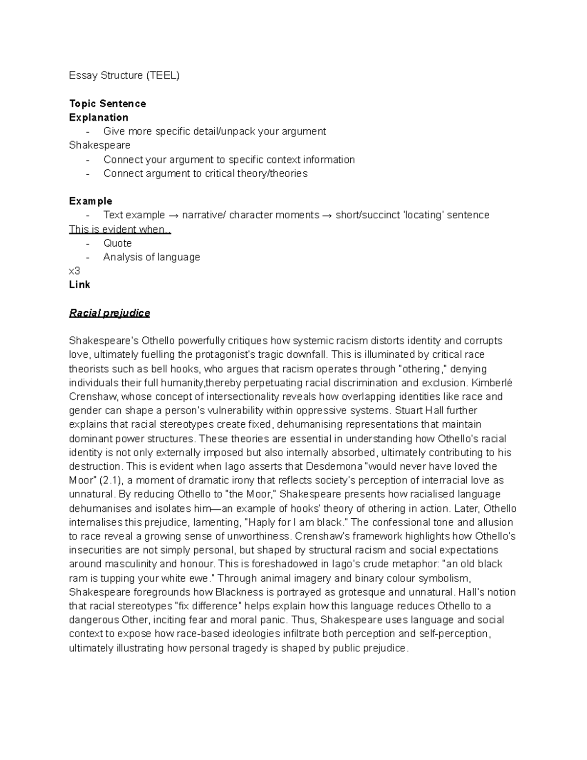 Essay Structure (TEEL) on Racial Prejudice in Othello (ENG101) - Studocu
