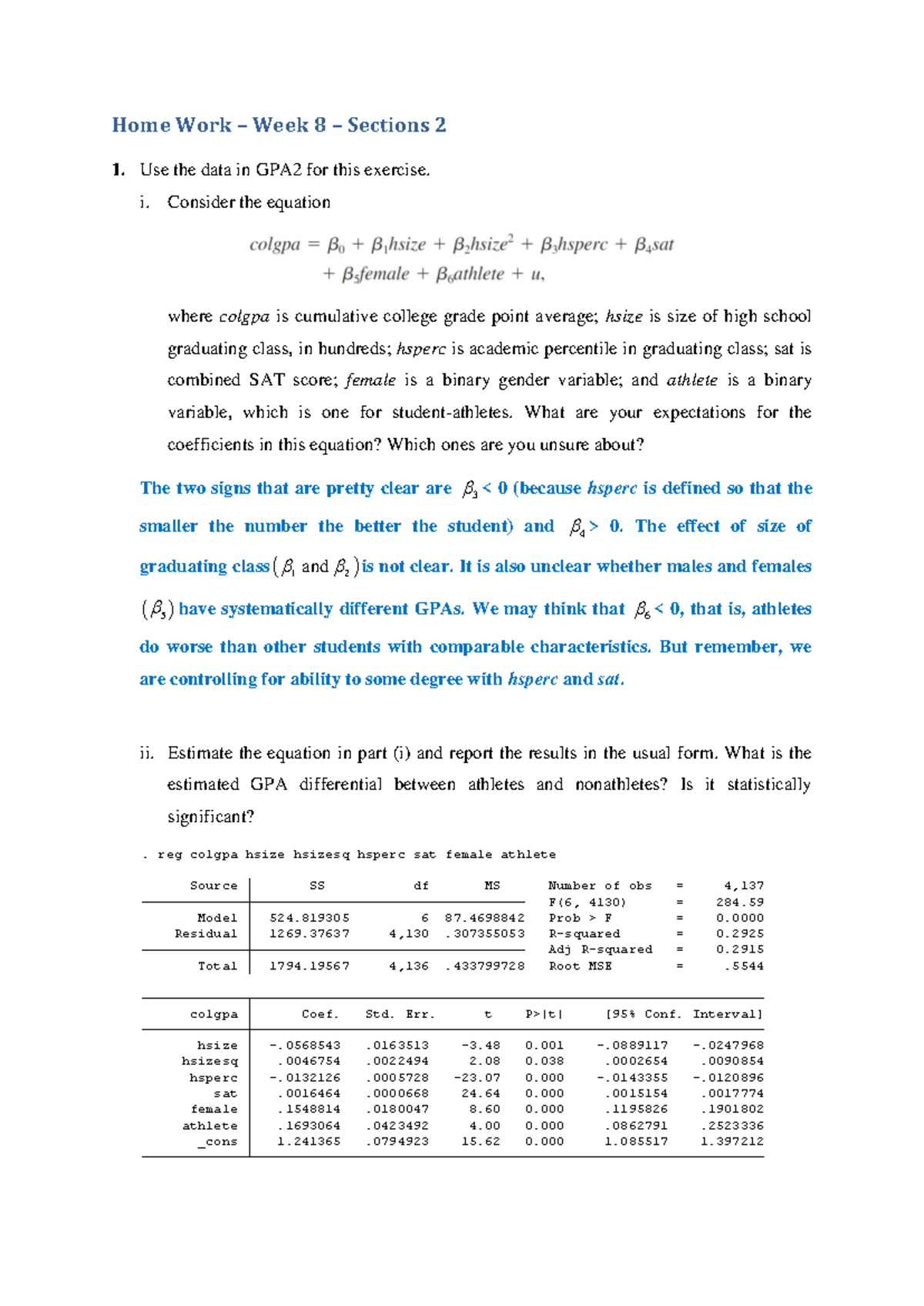 Homework Week 8: Regression Analysis & GPA Insights (Session 2) - Studocu