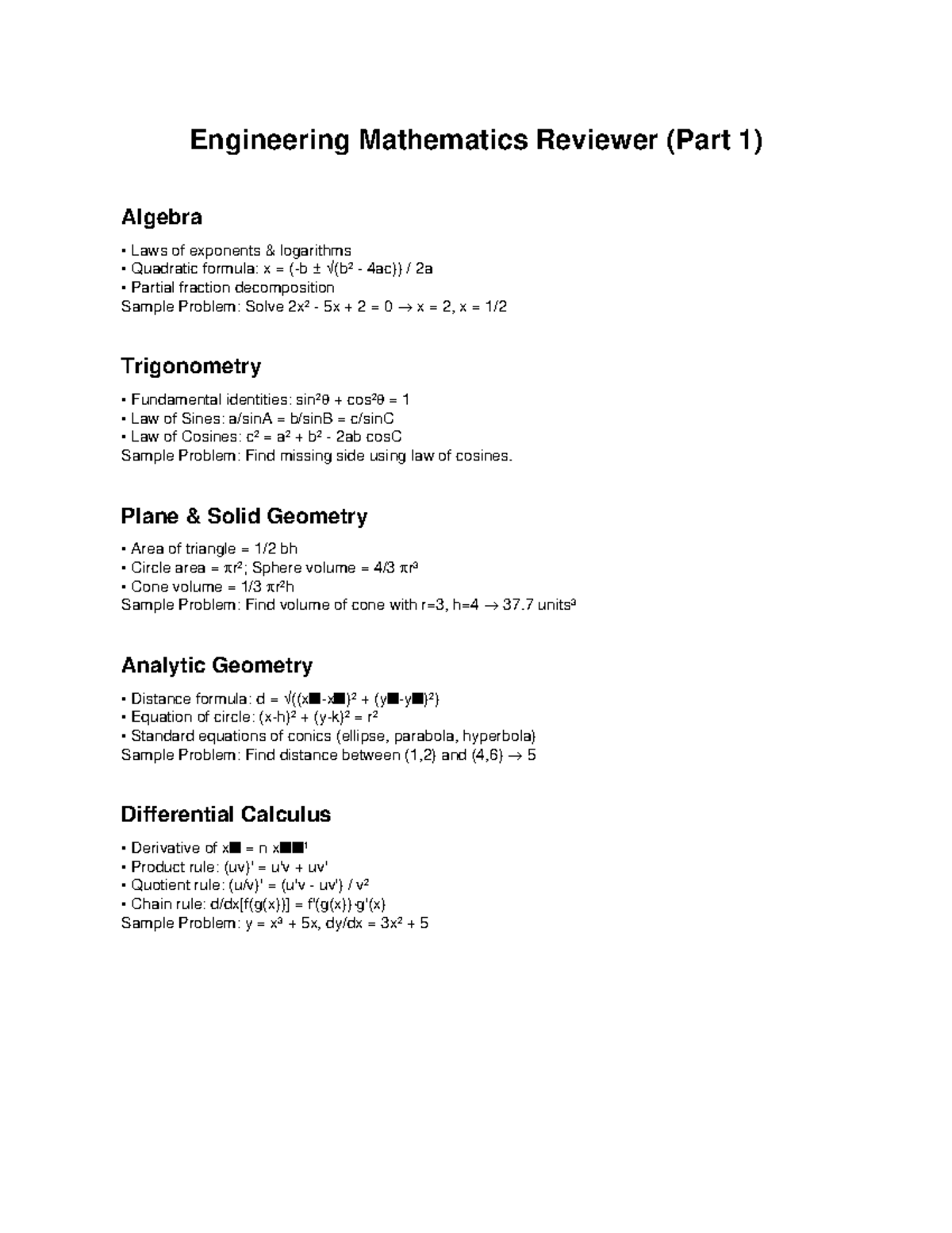 Engineering Math Reviewer (Part 1): Algebra & Calculus Concepts - Studocu