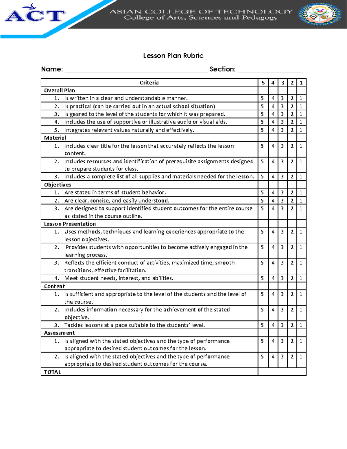 Lesson-Plan-Rubric - Not applicable - Lesson Plan Rubric Name: - Studocu