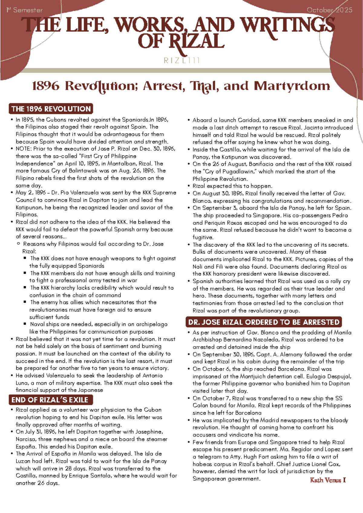 1.10 - 1896 Revolution: Arrest, Trial, and Martyrdom of Rizal - Studocu