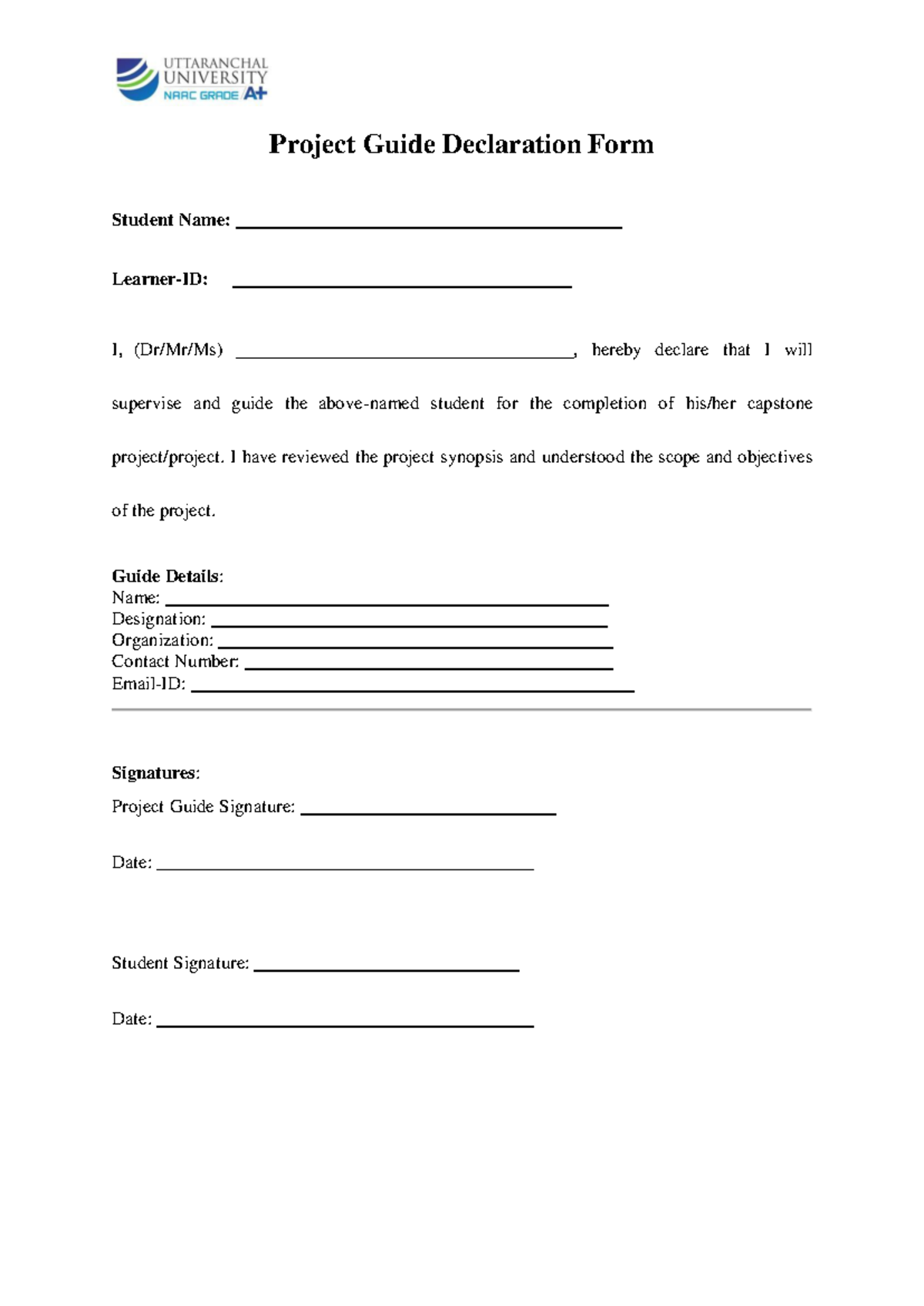 Supervisor Declaration Form - Computer Applications - Project Guide ...