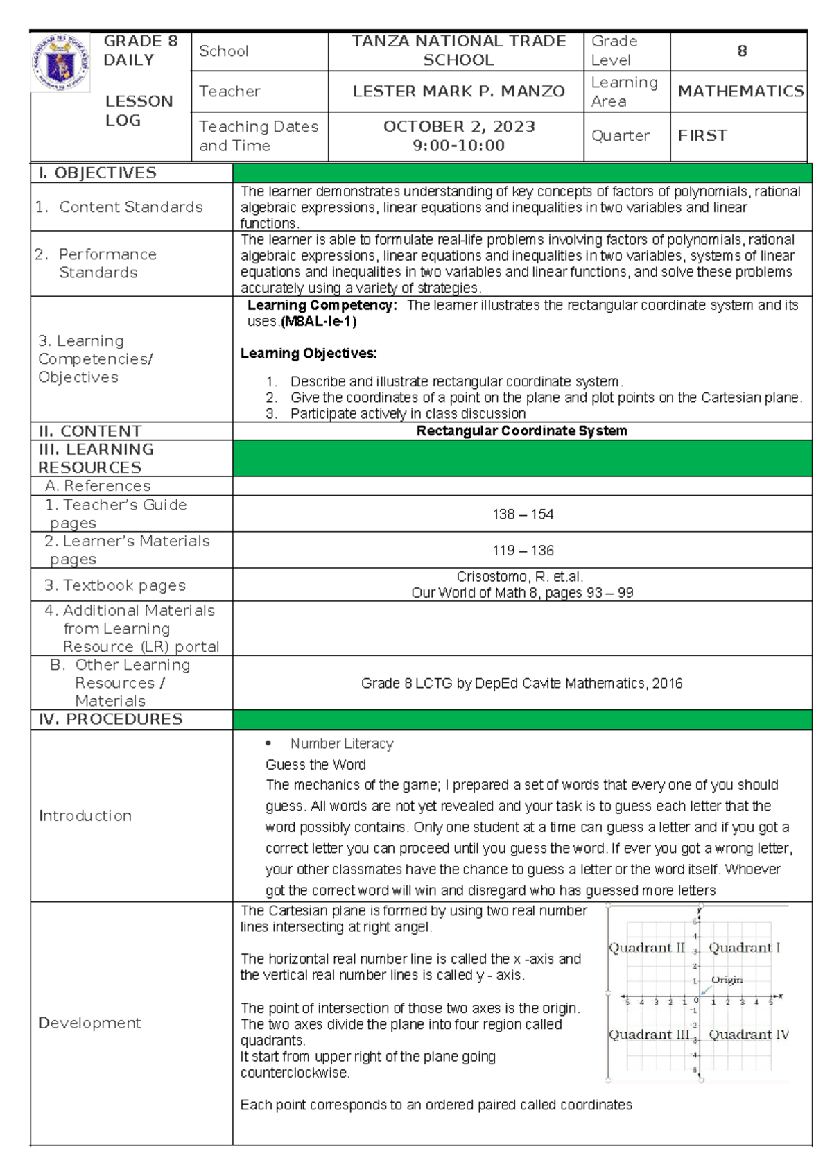 Grade 8 Math Lesson Log: Rectangular Coordinate System - DLL CO1 2023 ...