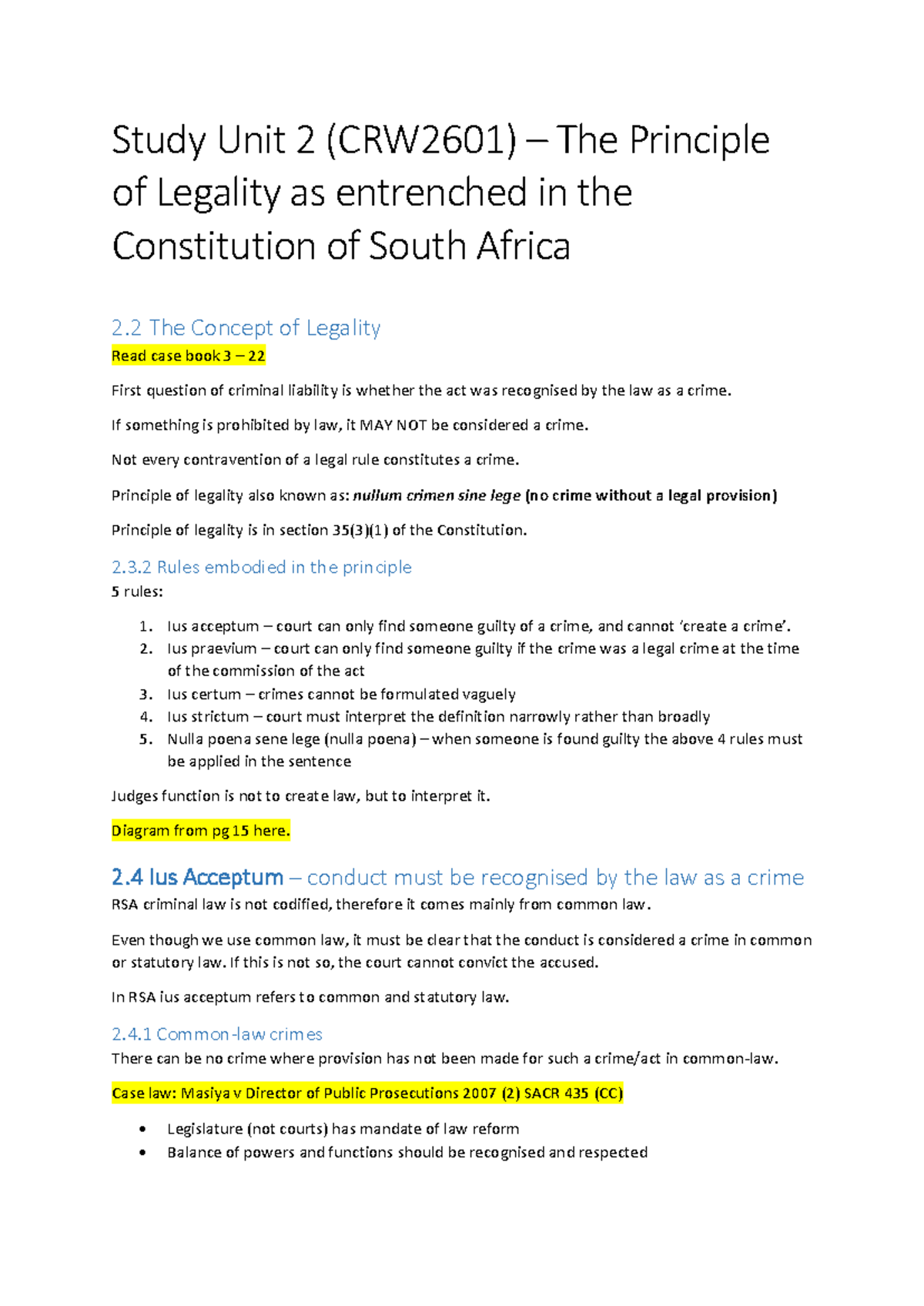 CRW2601 Study Unit 2: Understanding the Principle of Legality - Studocu