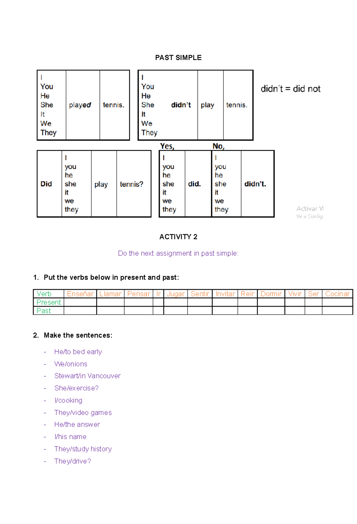 Activity 2 - Past Simple Verbs Assignment - Studocu