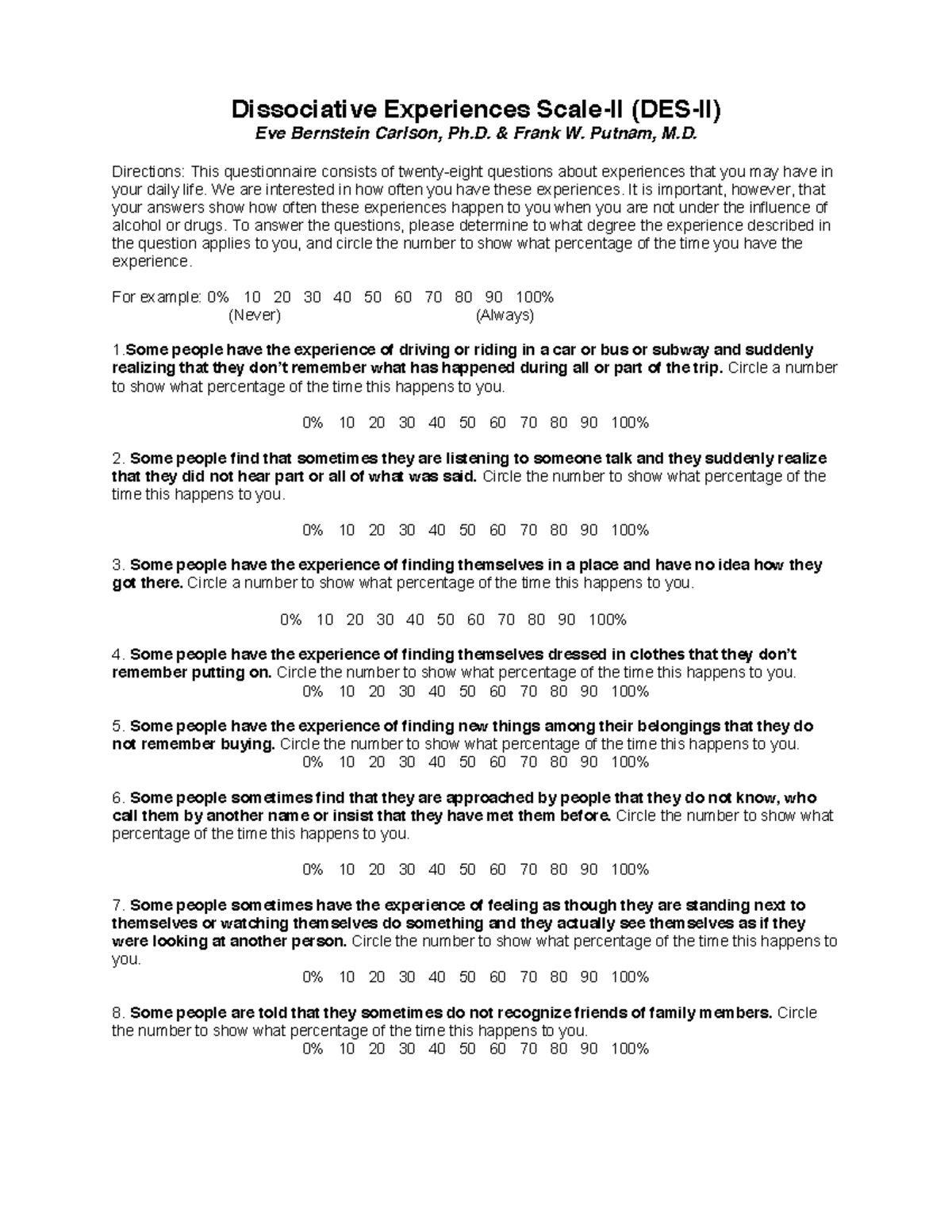 DES II - Psychometric Test - Dissociative Experiences Scale-II (DES-II ...