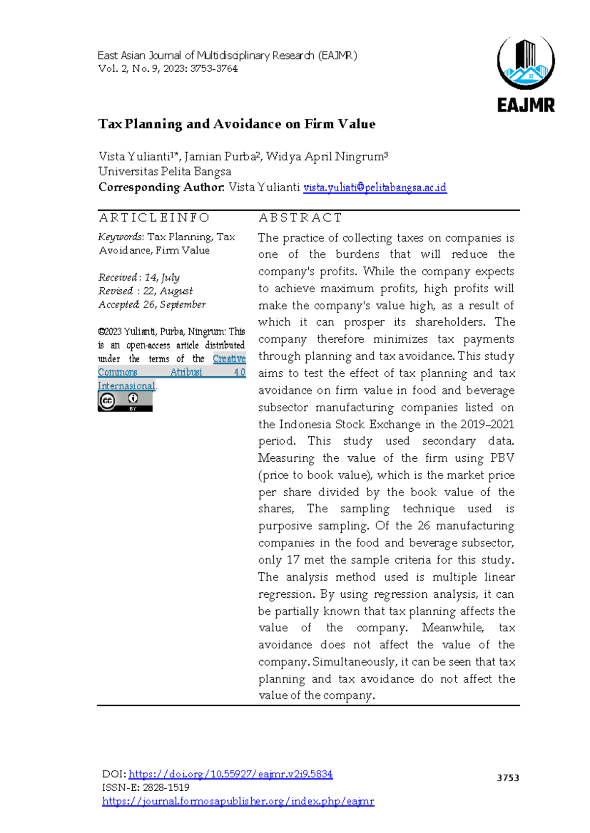 Tax Planning and Avoidance Impact on Firm Value: EAJMR Vol. 2, No. 9 ...