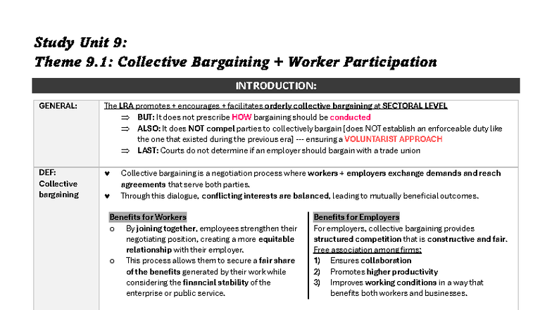 SU 9: Collective Bargaining and Worker Participation Overview - Studocu