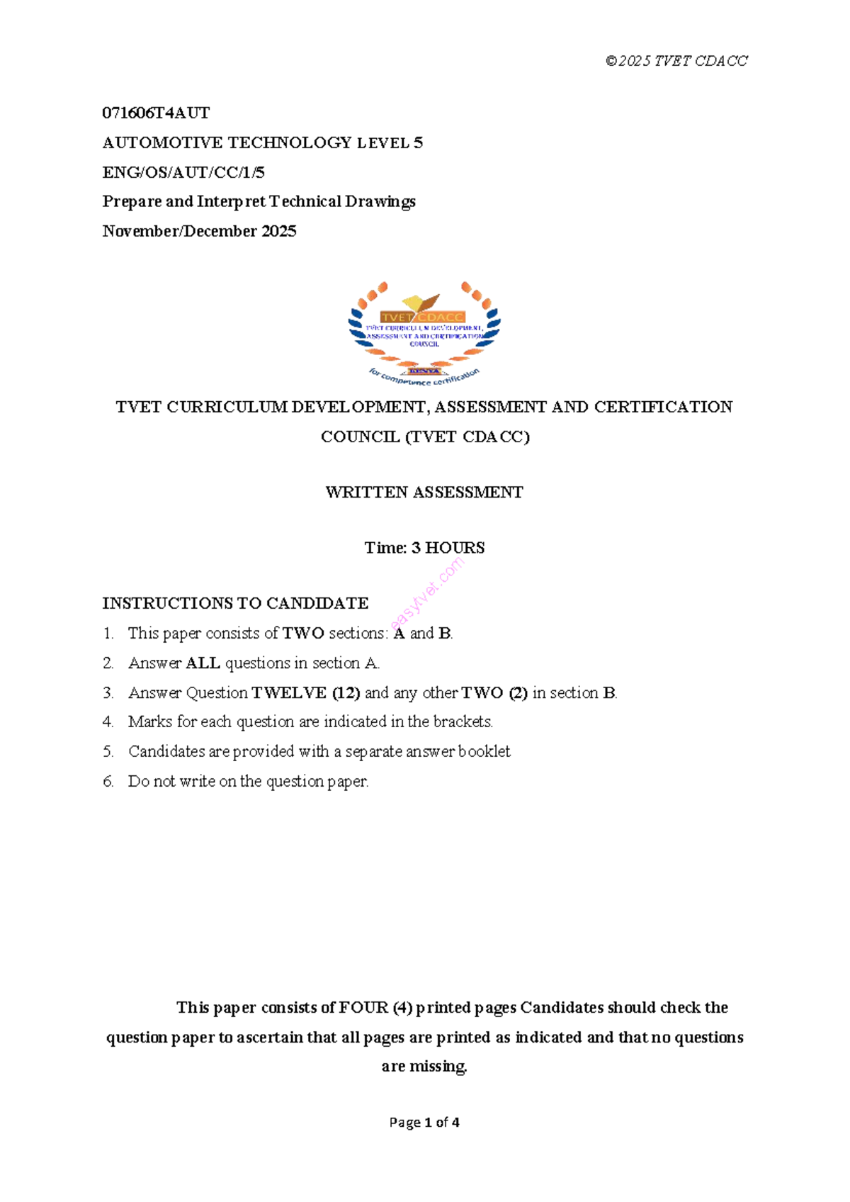 TVET CDACC 071606T4AUT Level 5 Automotive Tech: Technical Drawings Exam ...