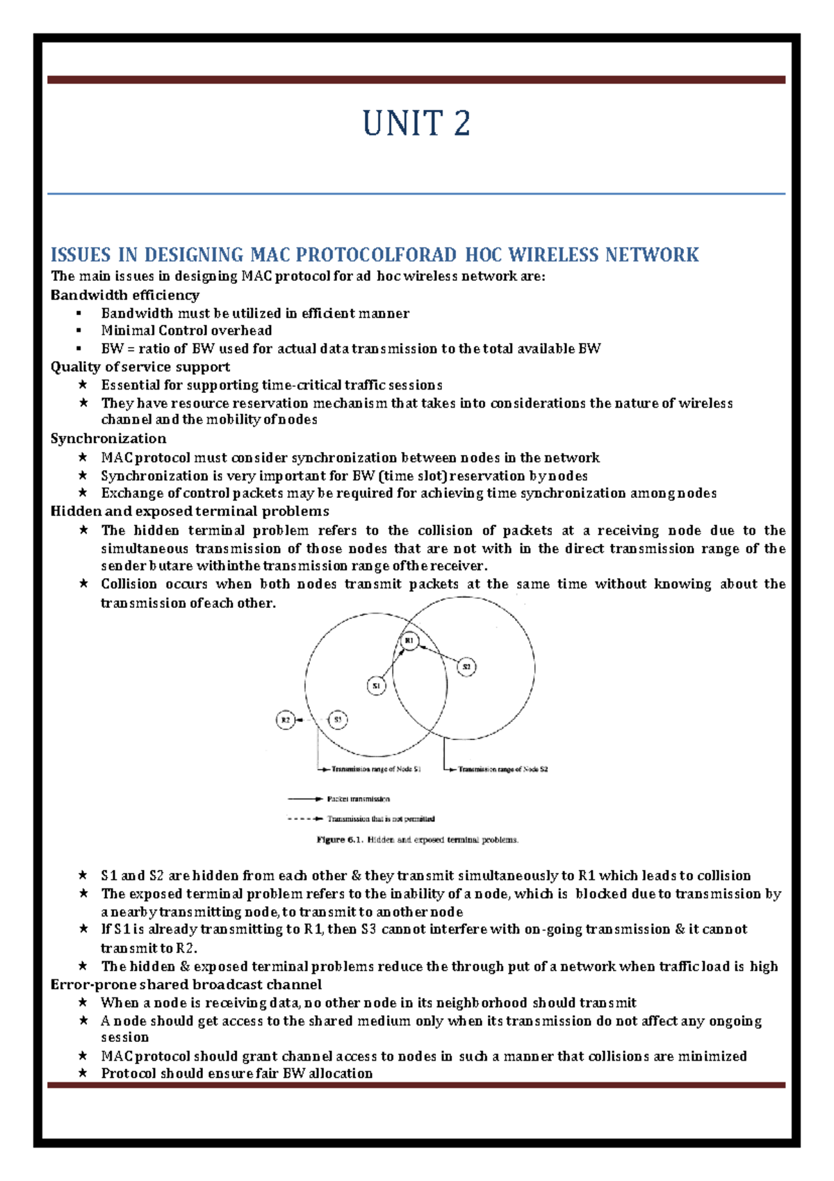 Unit 2 - Notes - UNIT 2 ISSUES IN DESIGNING MAC PROTOCOLFORAD HOC ...
