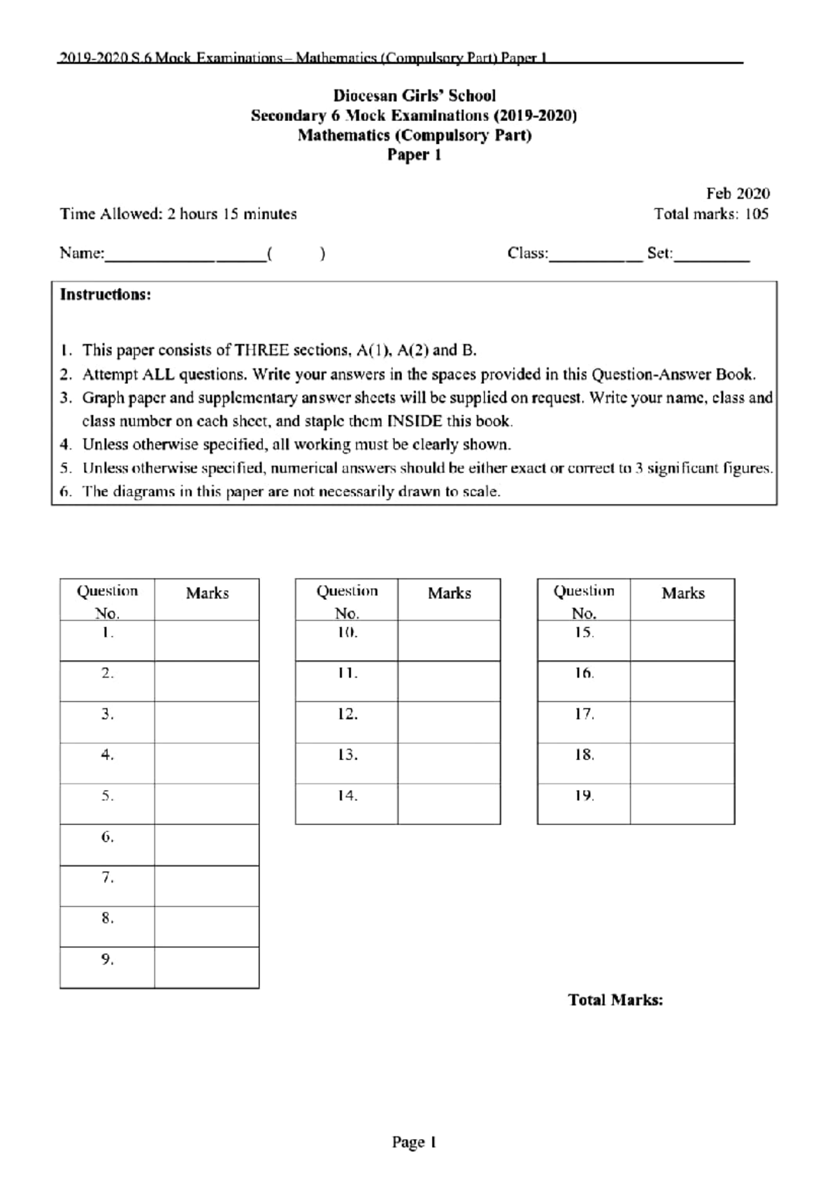 DGS 2020 Secondary 6 Maths Compulsory Mock Exam Paper 1 - Studocu