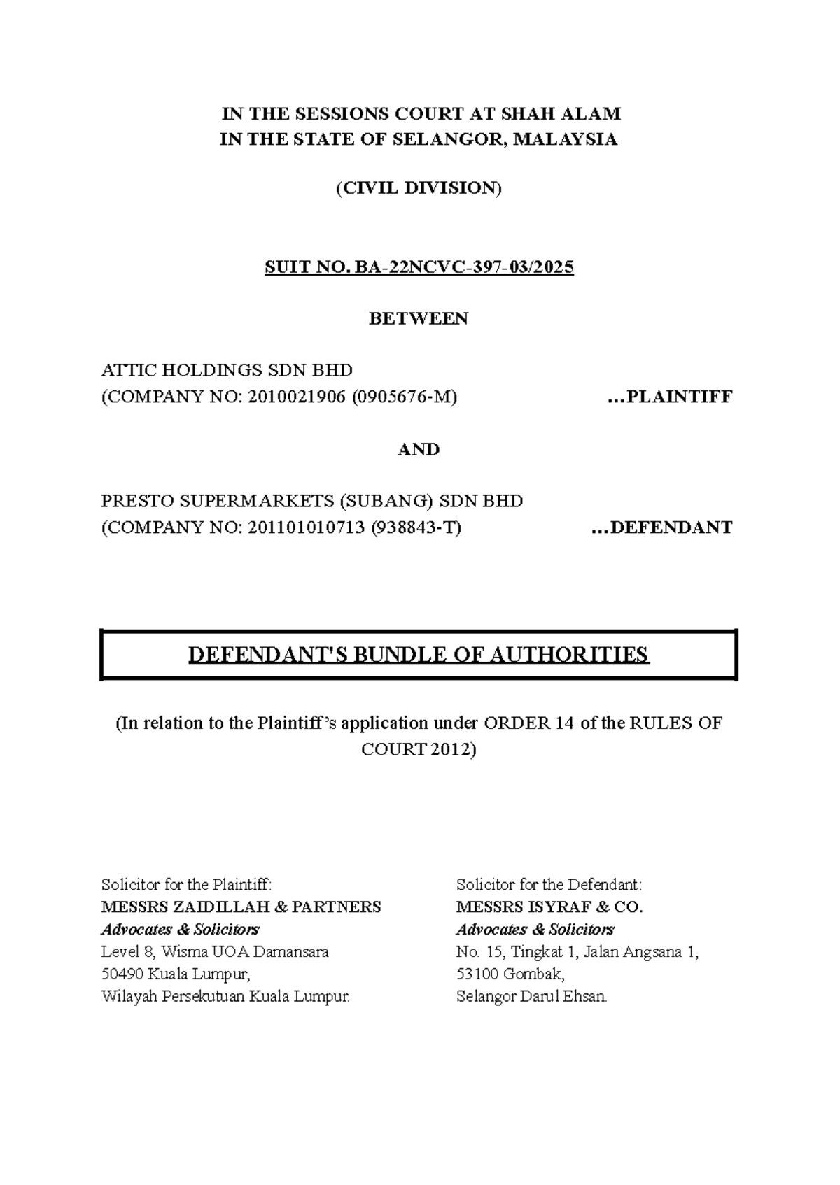 Bundle of Authorities Cover & TOC - Suit No. [Civil Division] - Studocu