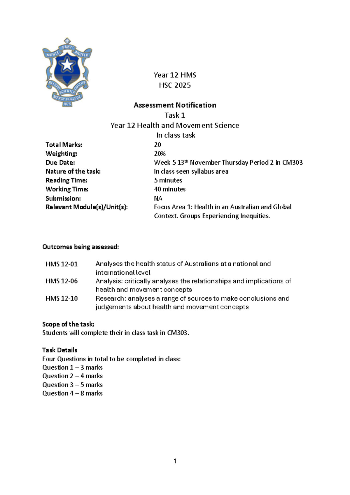 Year 12 HMS HSC 2025 Task 1 Assessment Notification - Studocu