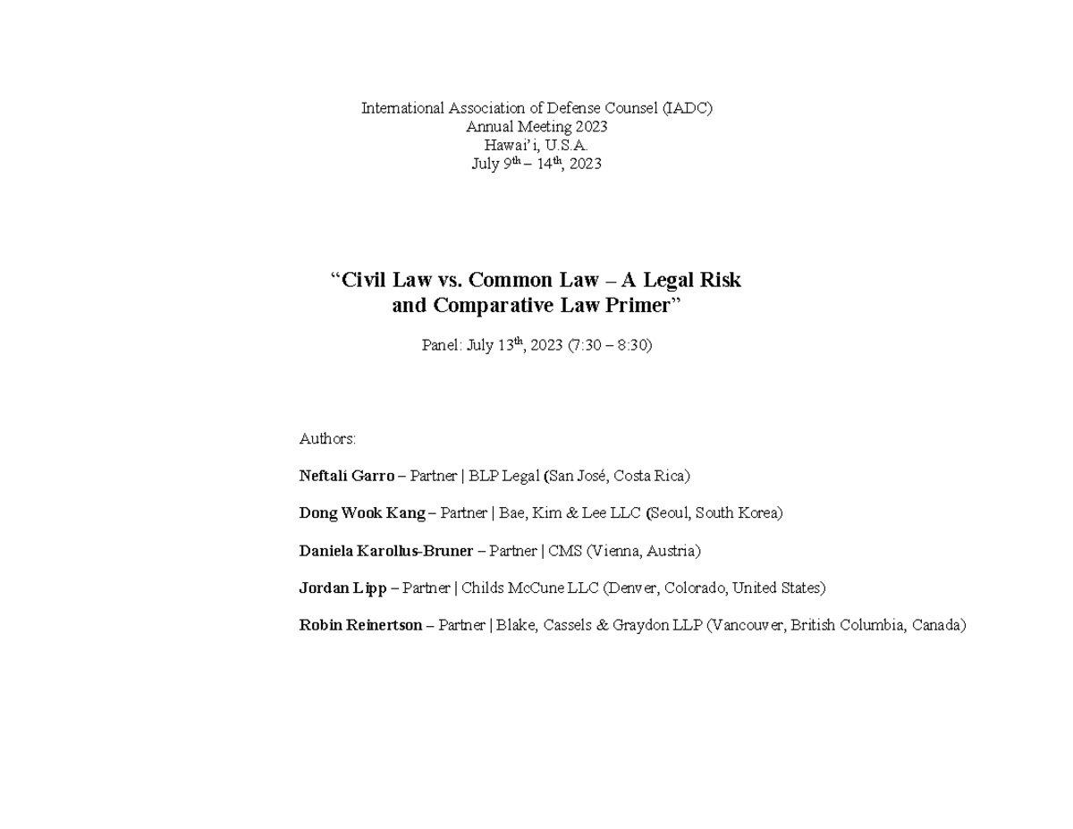 IADC Annual Meeting 2023: Civil Law vs Common Law Panel Insights - Studocu