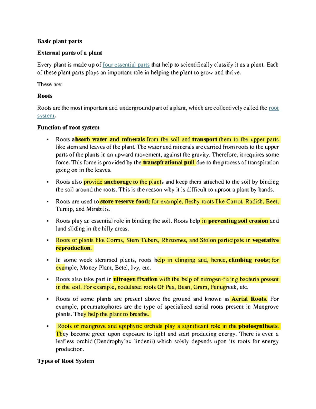 Basic plant parts notes - Basic plant parts External parts of a plant ...