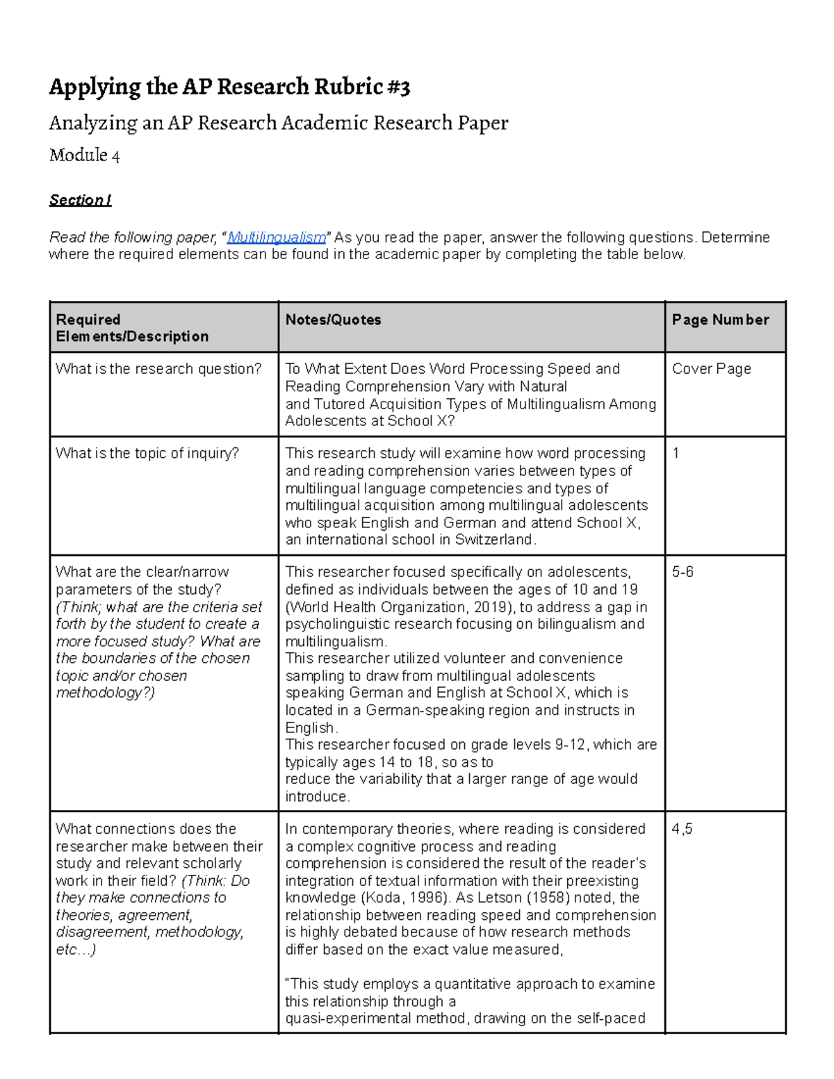 AP Research Rubric Application: Analyzing a Research Paper - Studocu