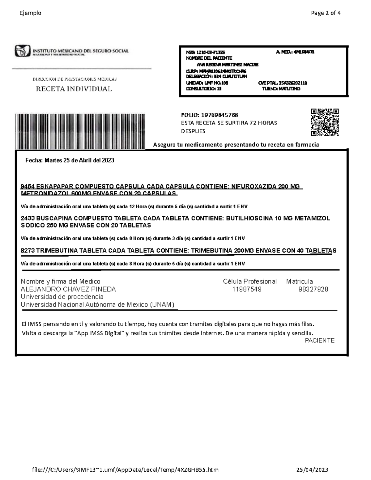 Receta Médica IMSS Editable - Medicamentos y Dosis Detalladas - Document Preview