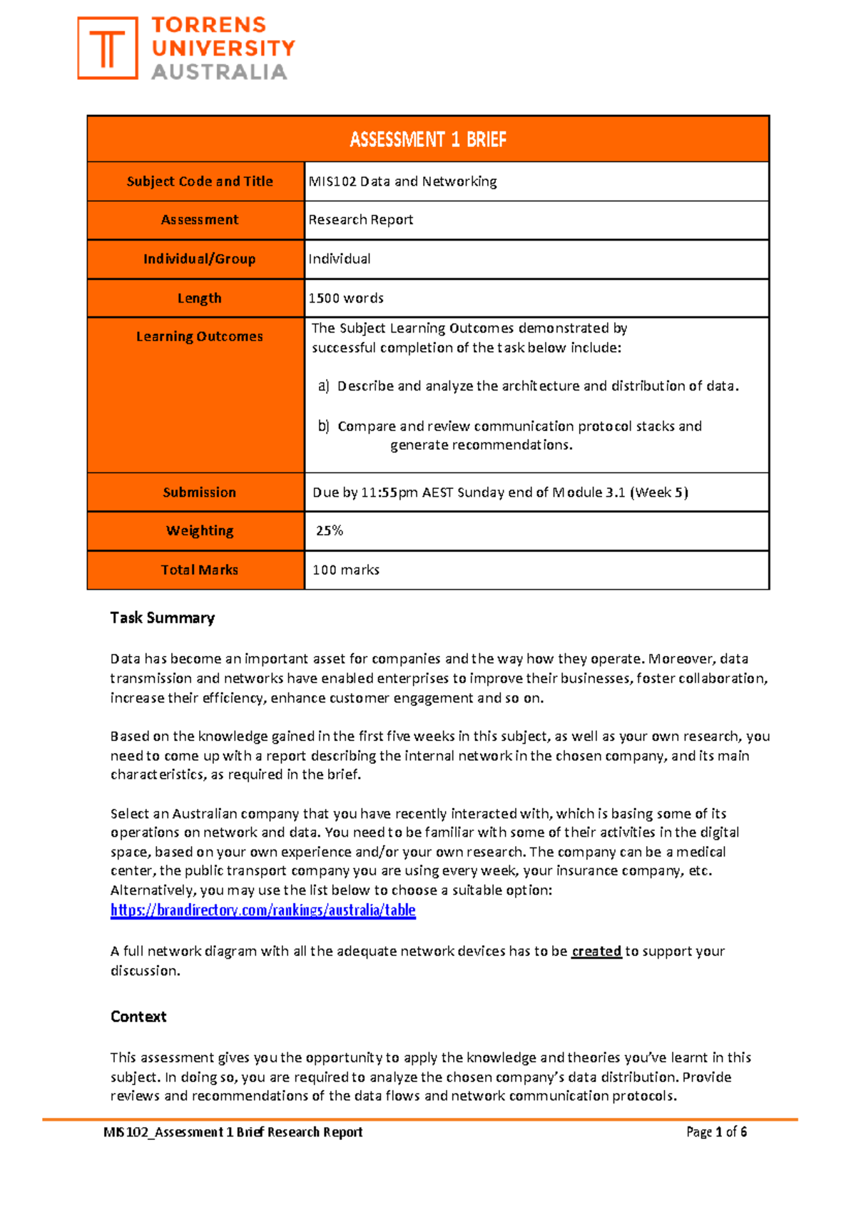 Assessment 1 MIS102 - Data & Networking Research Report Guide - Studocu