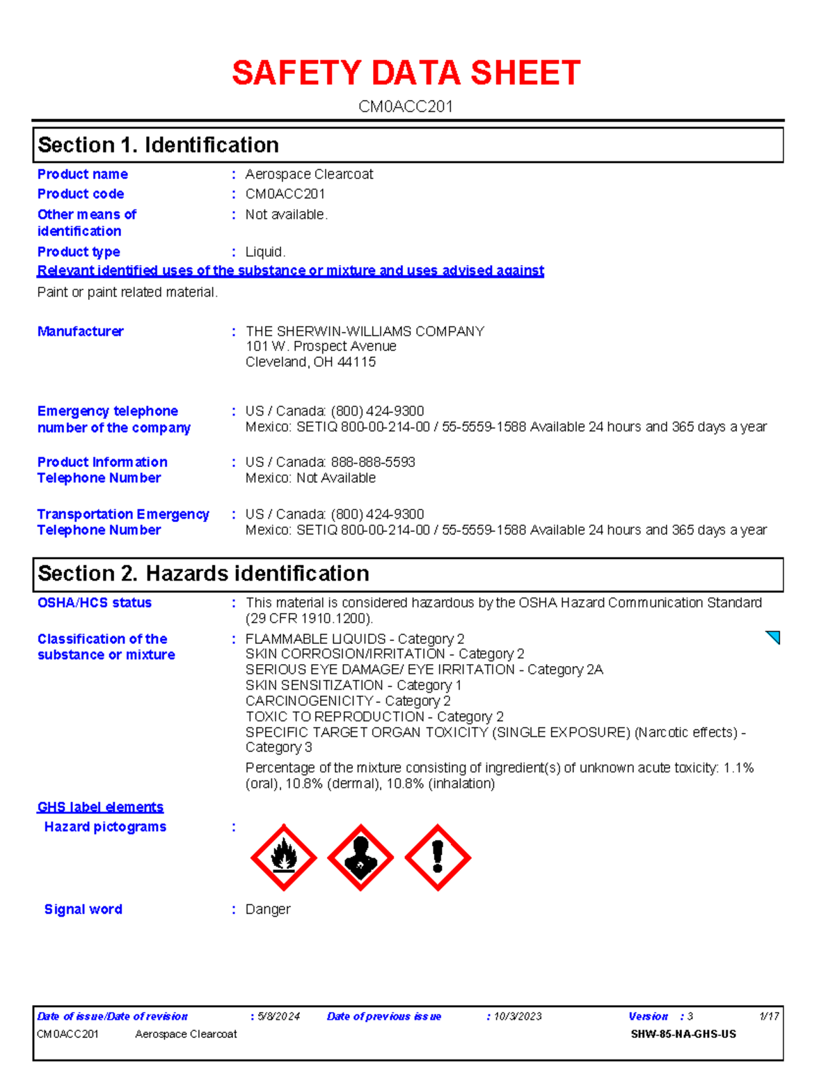Aerospace Clearcoat Safety Data Sheet CM0ACC201 - Studocu