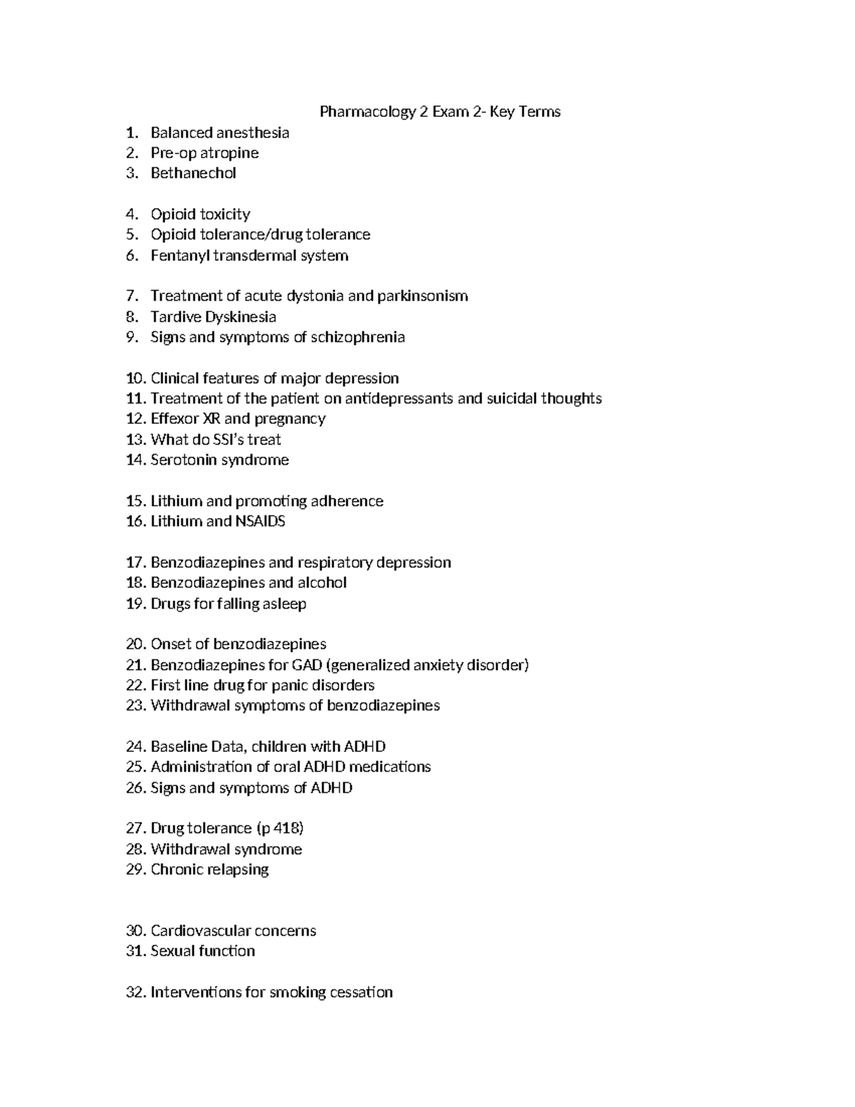 Pharm 2 Exam II: Key Terms in Pharmacology and Anesthesia - Studocu
