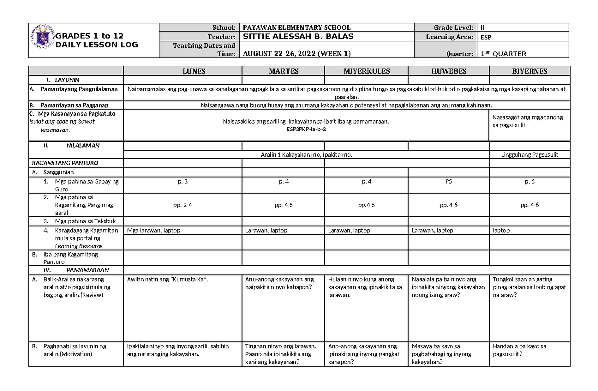 DLL ESP 2 Q1 W1 - Daily Lesson Log for Grade 2 - Studocu