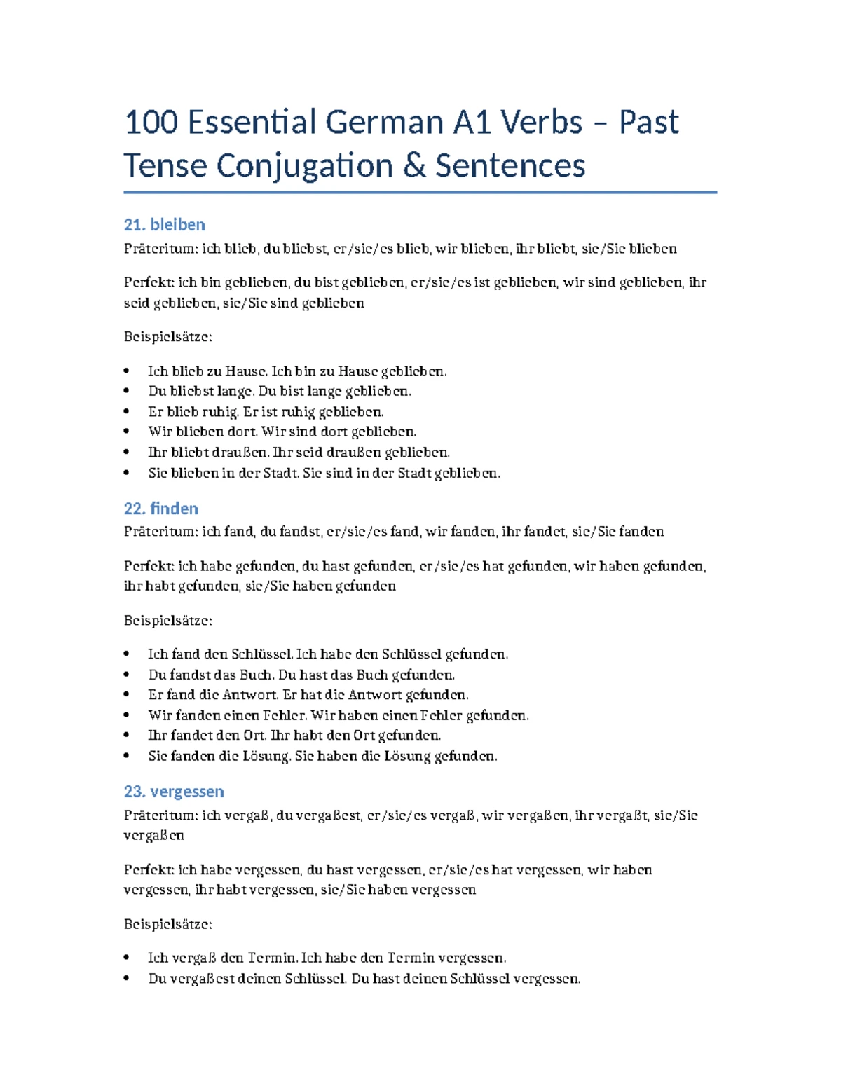 A1 German Verbs: Present Tense Conjugation Guide - Studocu