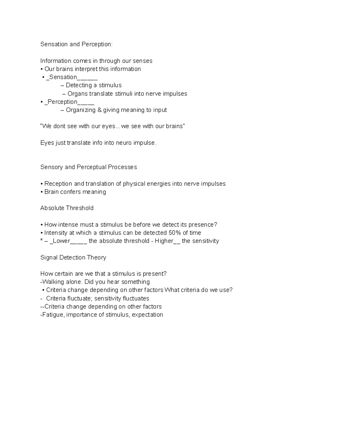 Psych 1010: Chapter 5 - Sensation and Perception Notes - Studocu