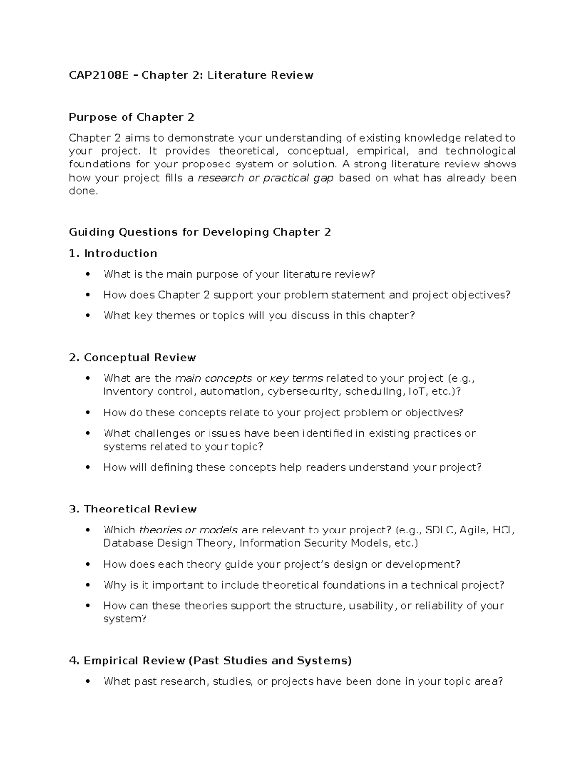 CAP2108E Chapter 2: Literature Review Guidelines and Insights - Studocu