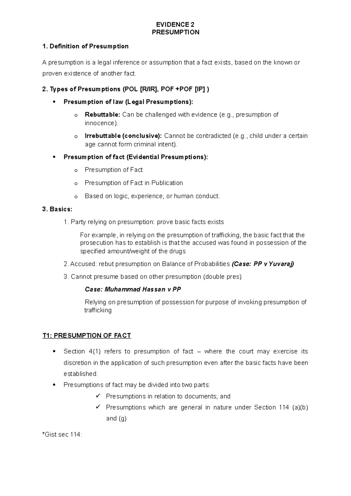NOTE: Summary of Presumption in the Law of Evidence (LAW 101) in ...