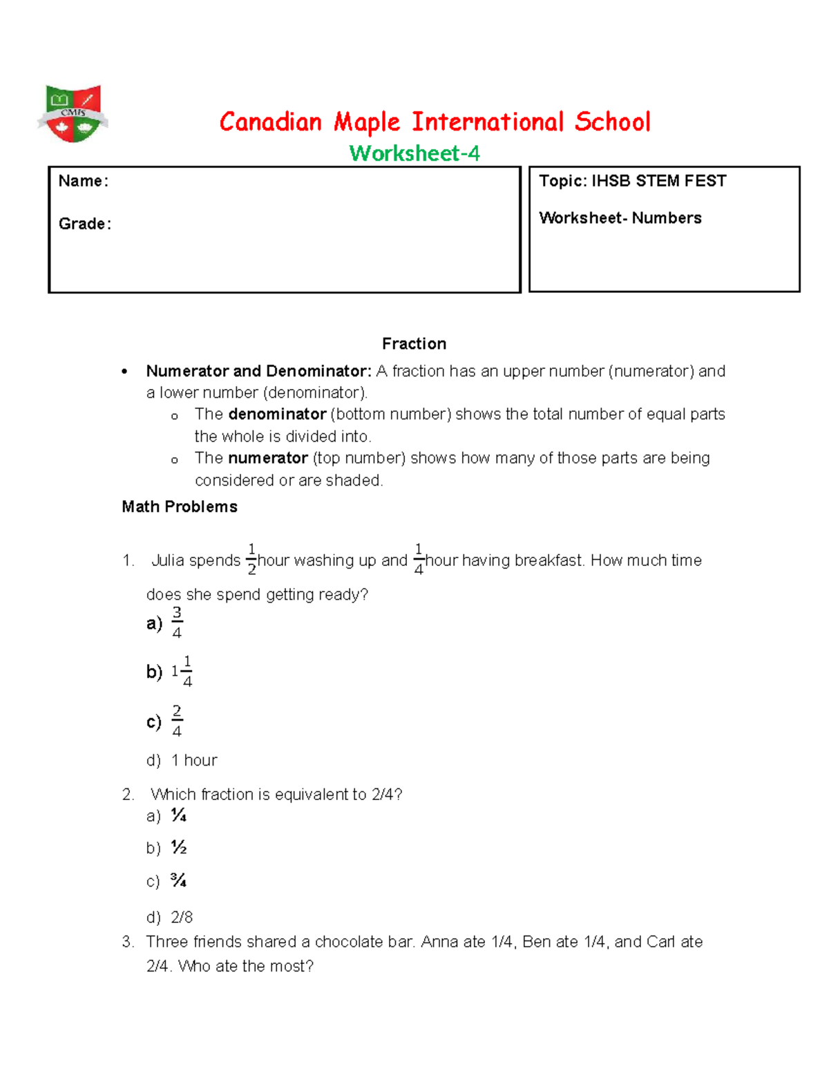 IHSB STEM FEST: Numbers and Fractions Practice Worksheet - Studocu